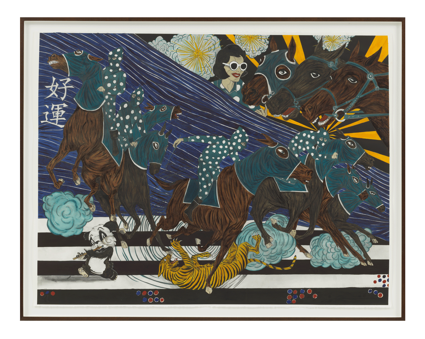 A work on paper by Marcel Dzama, titled, The Riders are approaching, dated 2018.