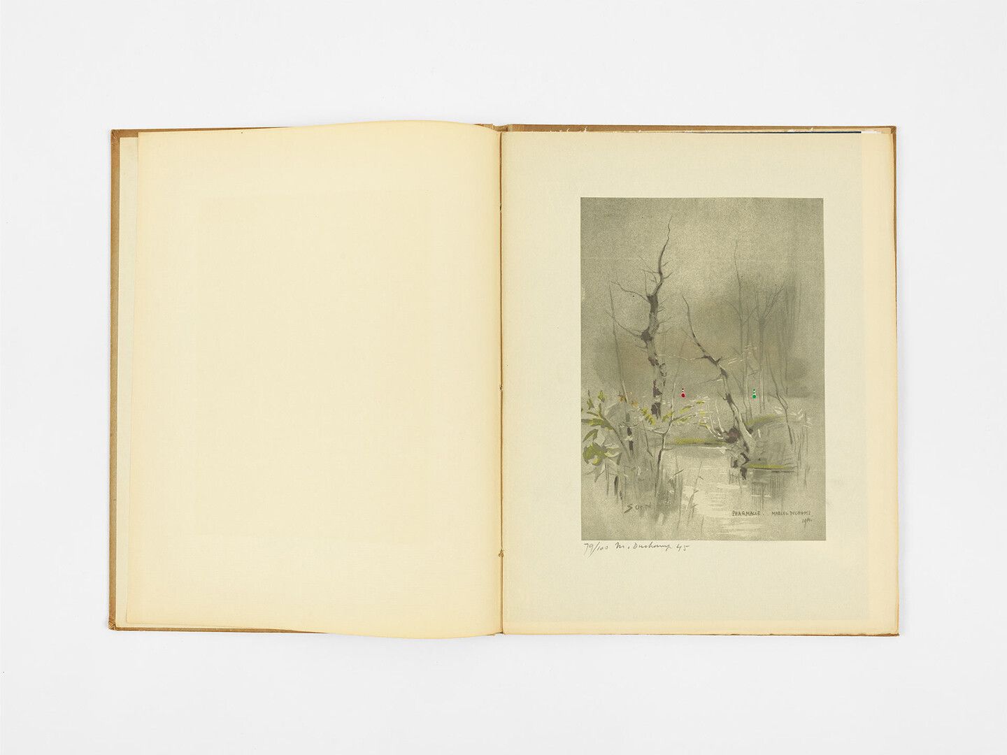 A print in a book by Marcel Duchamp, titled View, including Pharmacie (Pharmacy), dated 1945.
