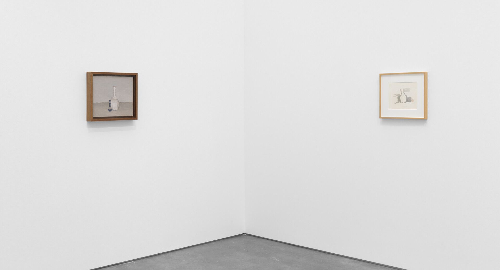 An installation view of an exhibition titled Albers and morandi: Never Finished at David Zwriner in New York in 2021.