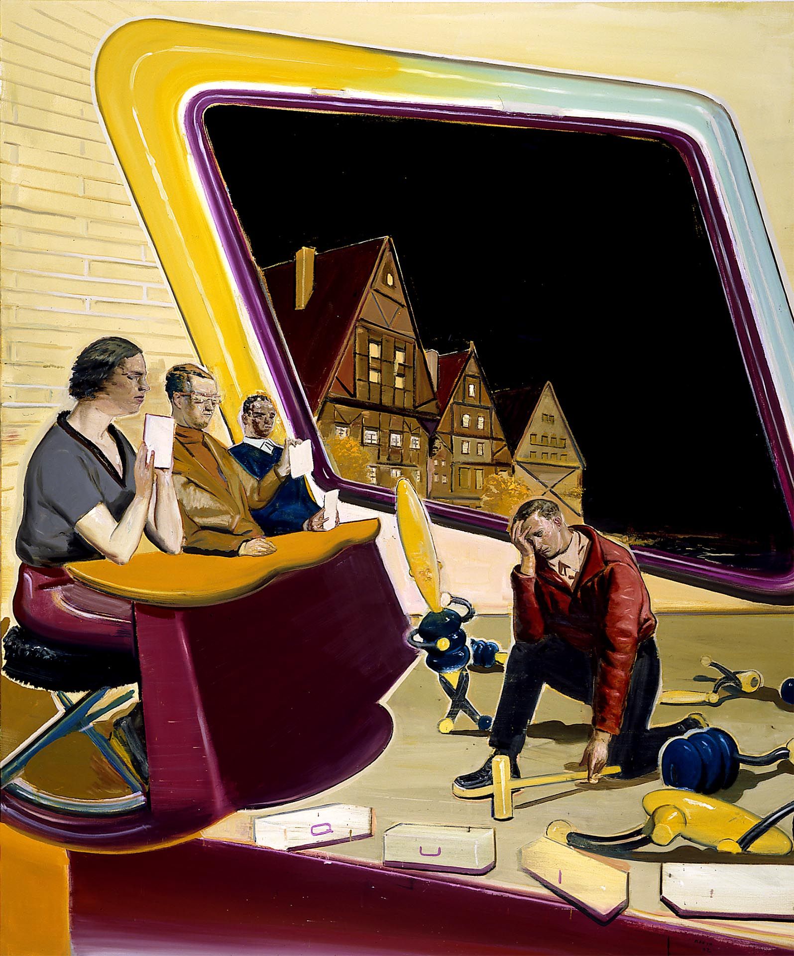 A painting by Neo Rauch, titled Quiz, dated 2002.