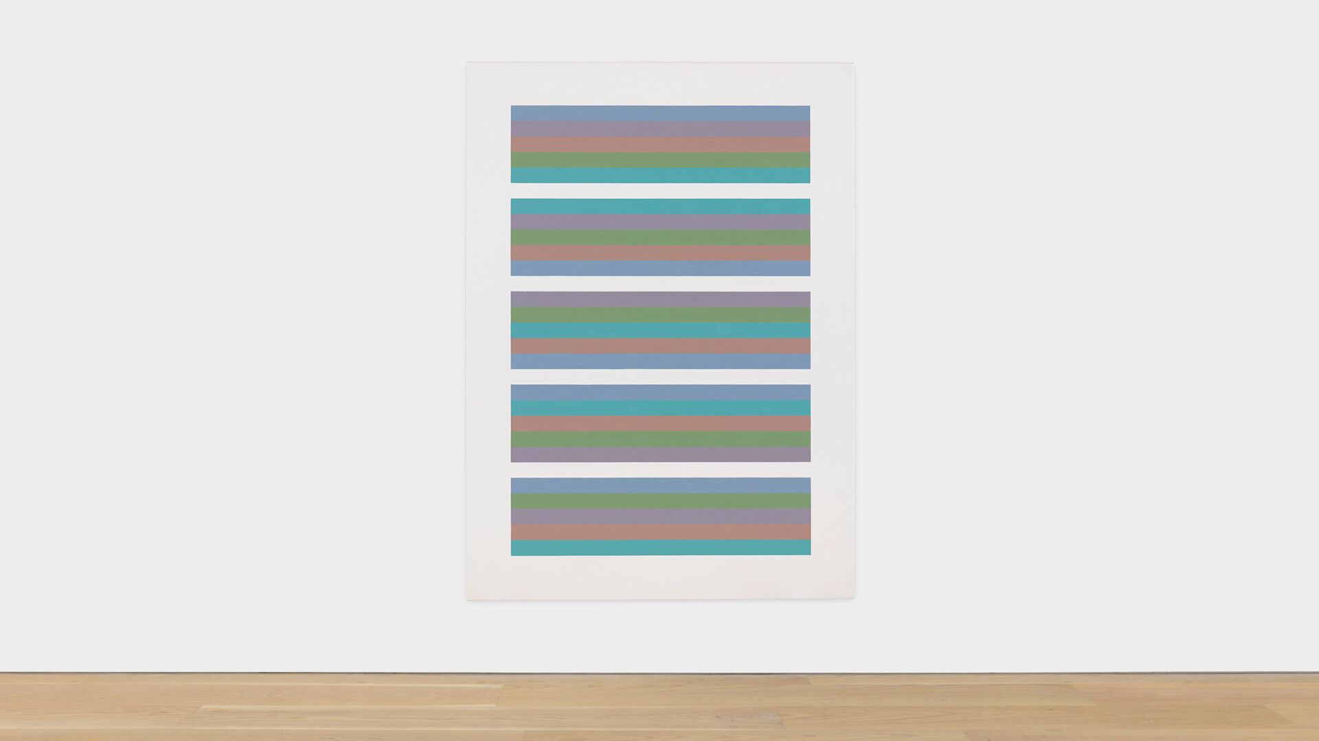 An installation view of an oil painting on linen by Bridget Riley, titled Intervals 4, dated 2019.