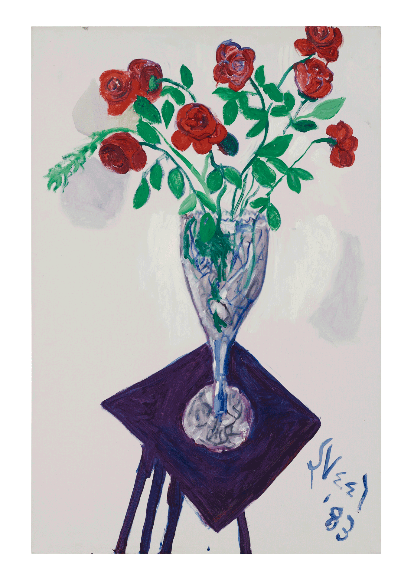 A painting by Alice Neel, titled Roses, dated 1983.