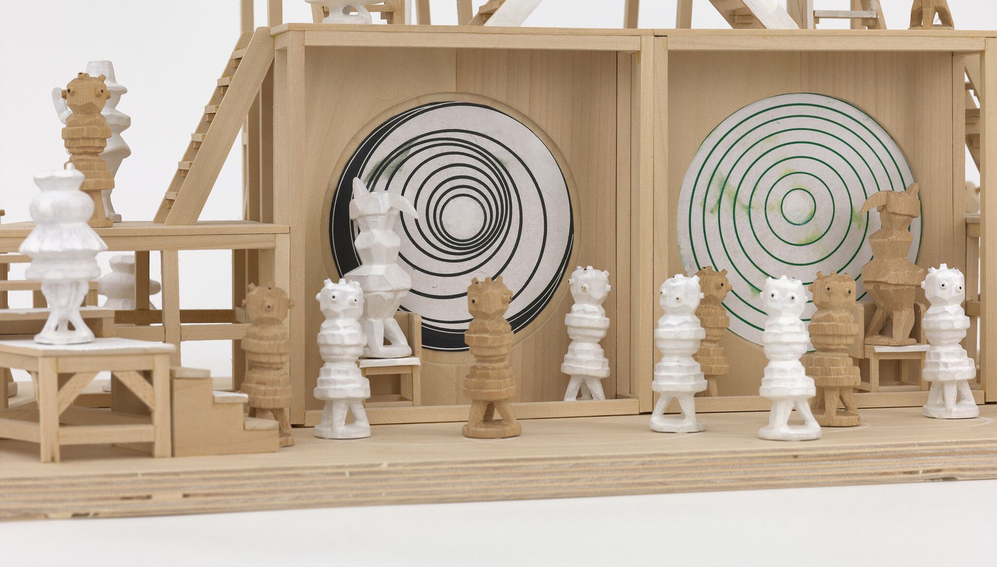 A detail view of a sculpture work by Marcel Dzama titled Marcel's palace at midnight, dated 2022