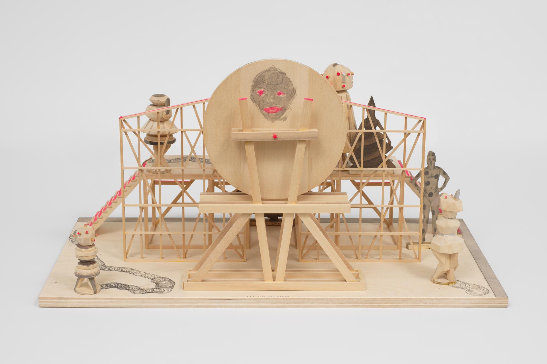 A sculpture by Marcel Dzama, titled Lost in the circles, dated 2017 to 2018.