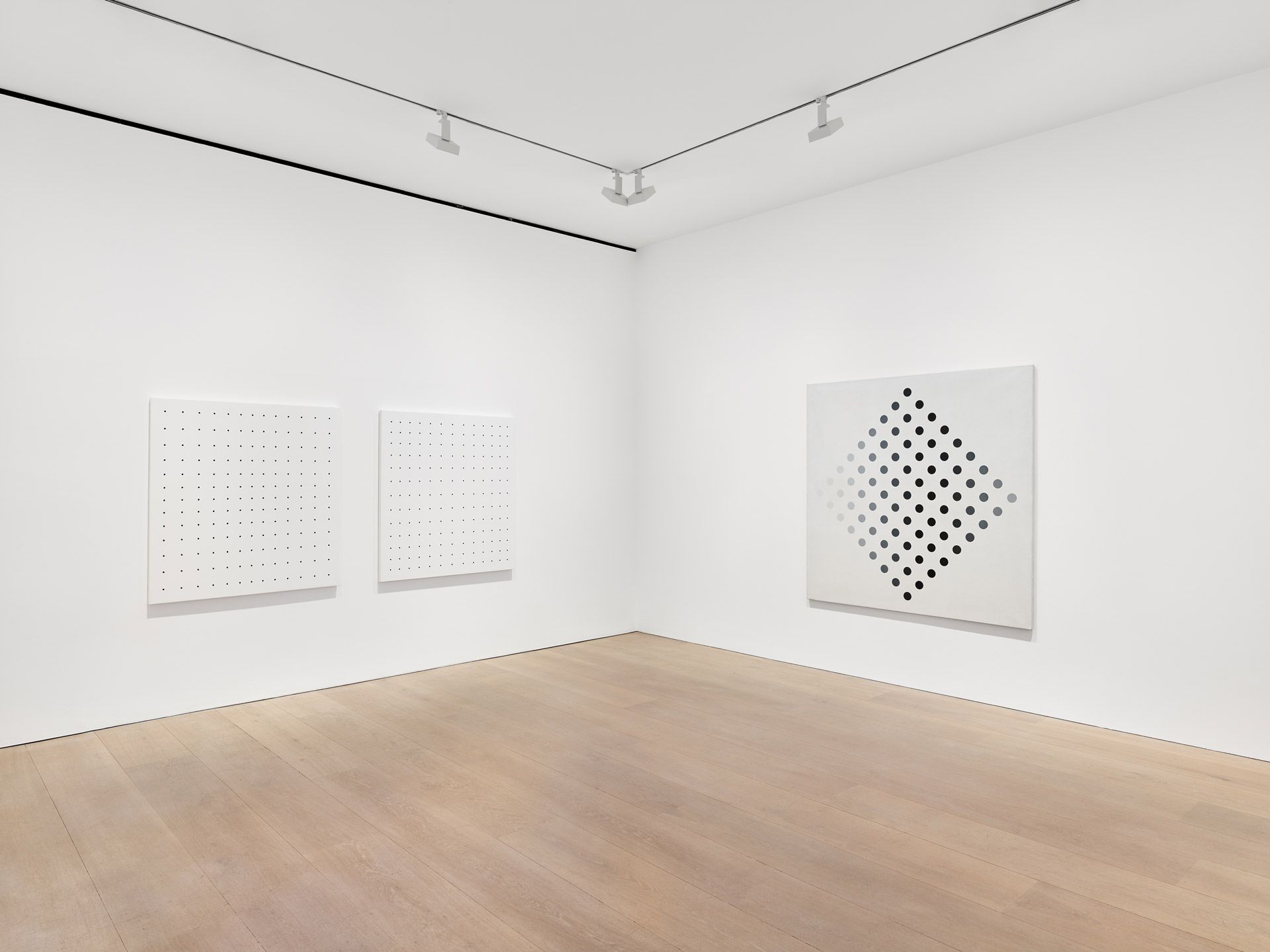 An installation view of the exhibition Bridget Riley: Past into Present at David Zwirner in London, dated 2021.