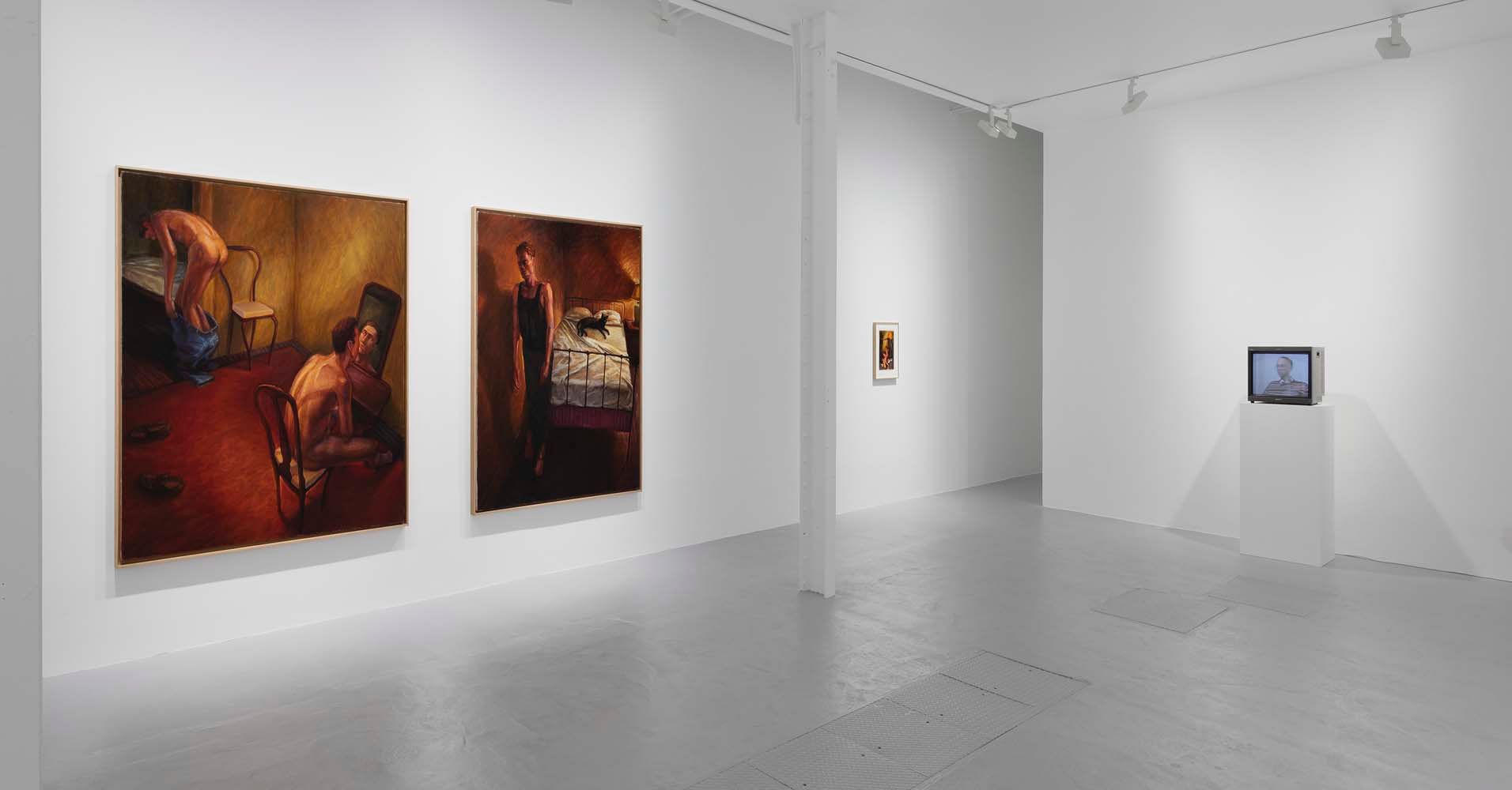An installation view of an exhibition titled, High Steers: Blue Towel, Red Tank, at David Zwirner, Paris, in 2021.