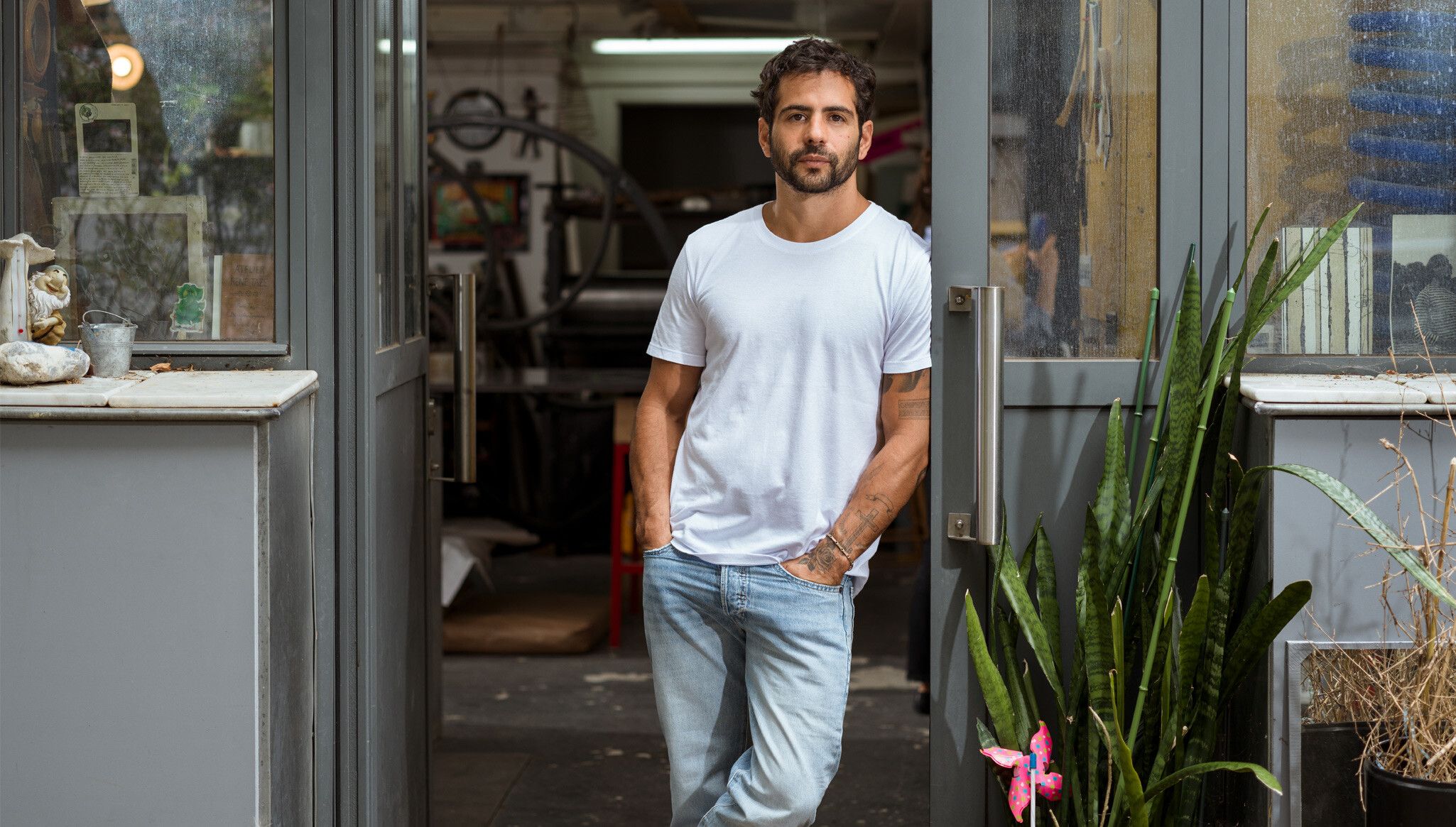 Lucas Arruda in Paris for the creation of his Untitled print diptych at Atelier René Tazé, 2023. Photo by Matthew Avignone. Explore the print here.
