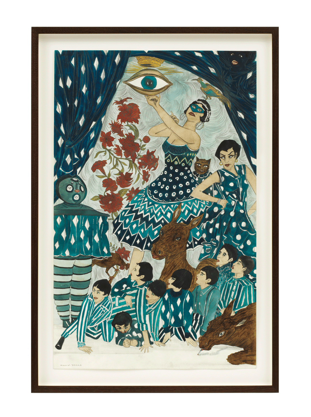 A work on paper by Marcel Dzama, titled Don't ask her...she'll tell you the truth. (or We don't hide from every searching eye), dated 2018.
