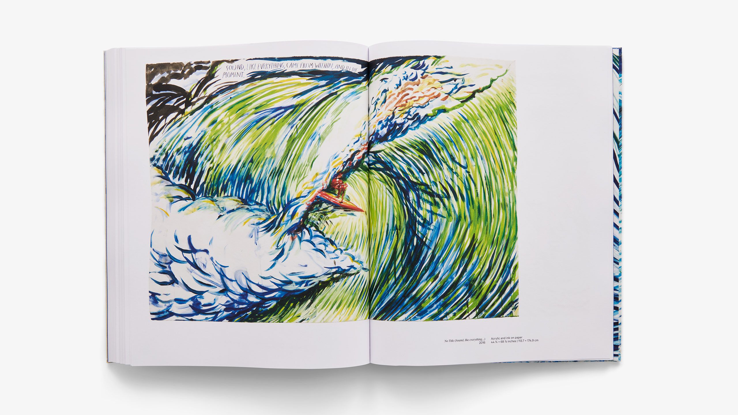 Interior spread from a book titled Point Break: Raymond Pettibon, Surfers and Waves, published by David Zwirner Books in 2022.