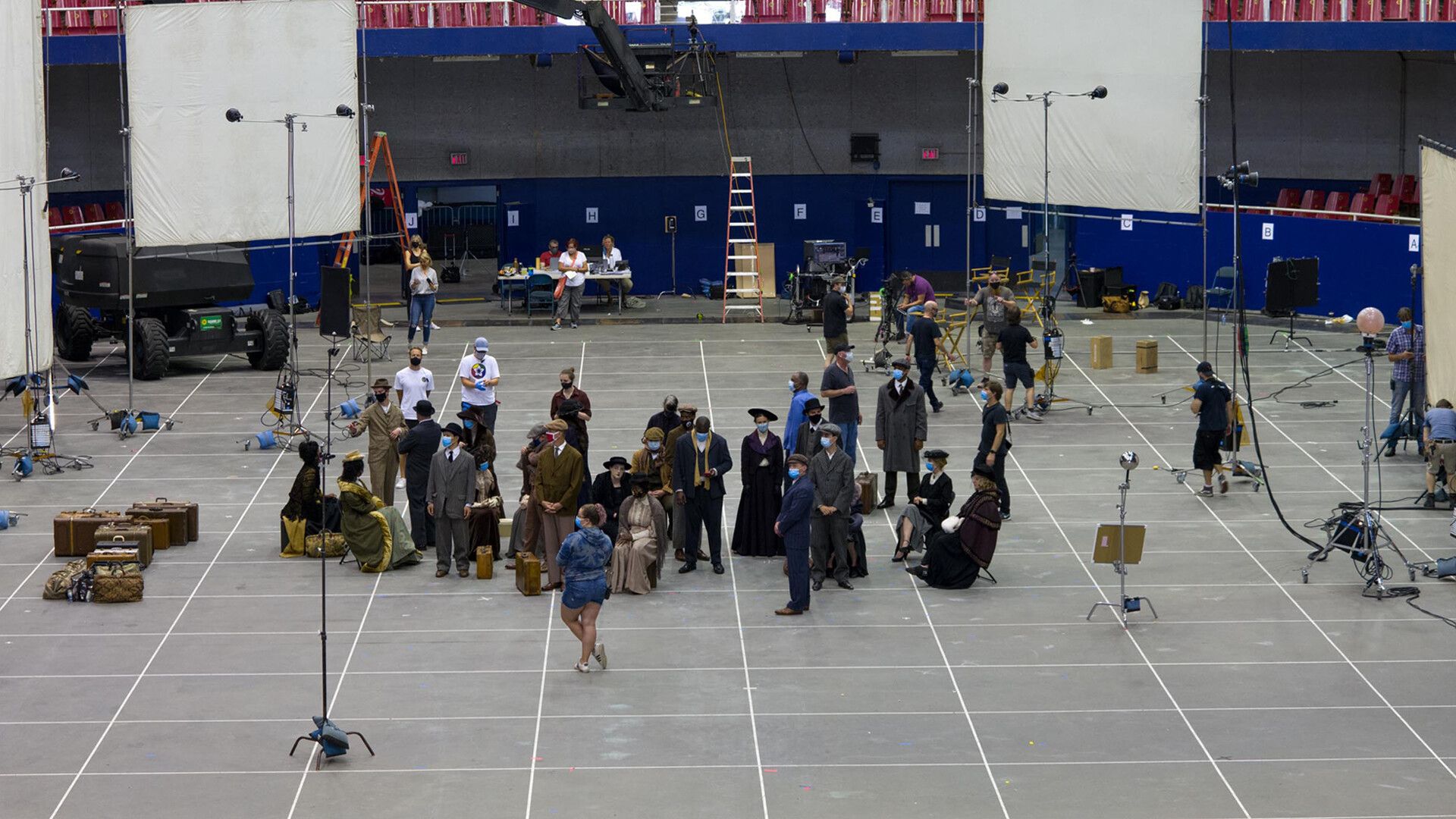 An image of actors on set at the PNE Agrodome in 2020. Photo by Evaan Kheraj