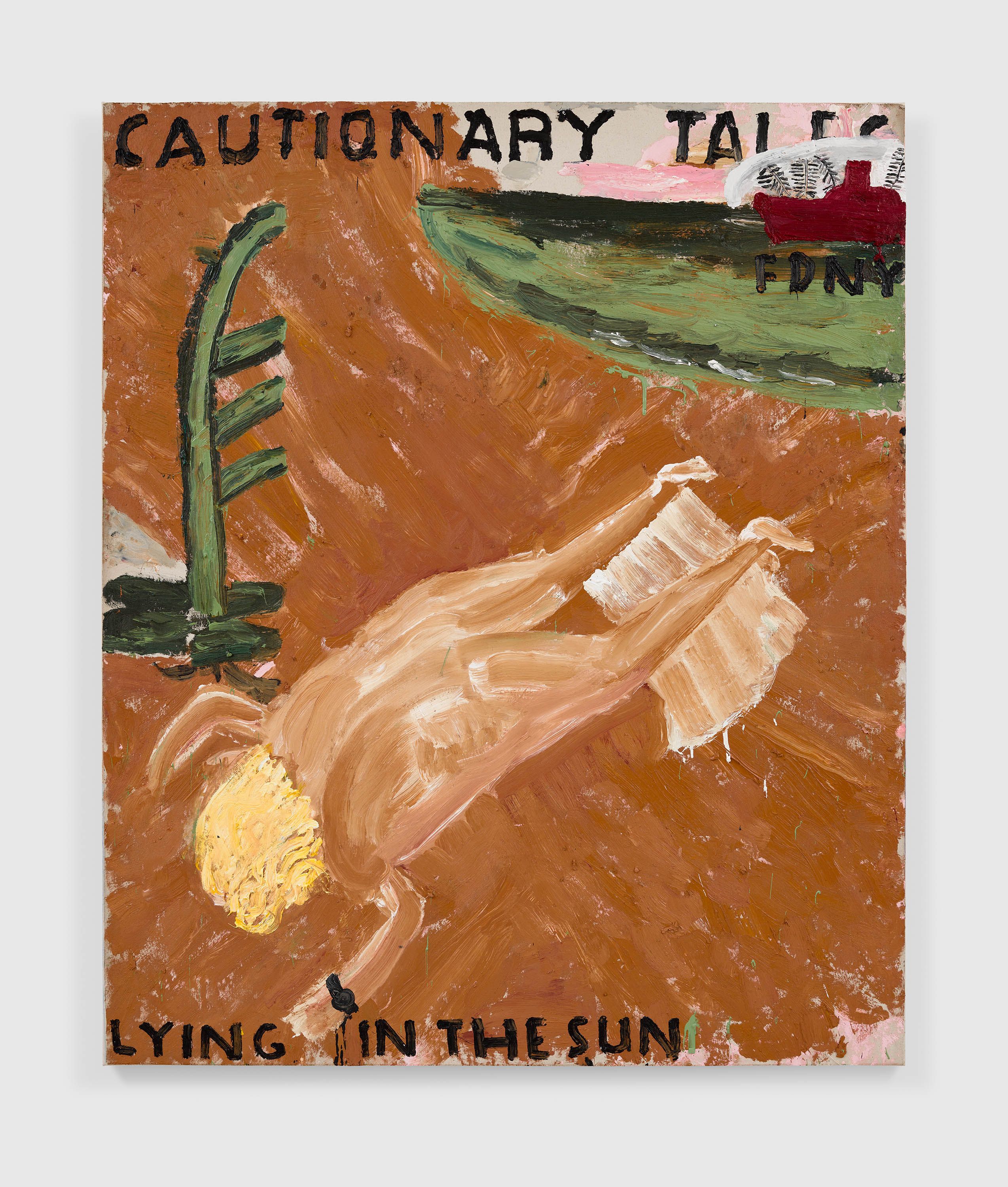 A painting by Rose Wylie, titled Lying in the Sun, dated 2023.