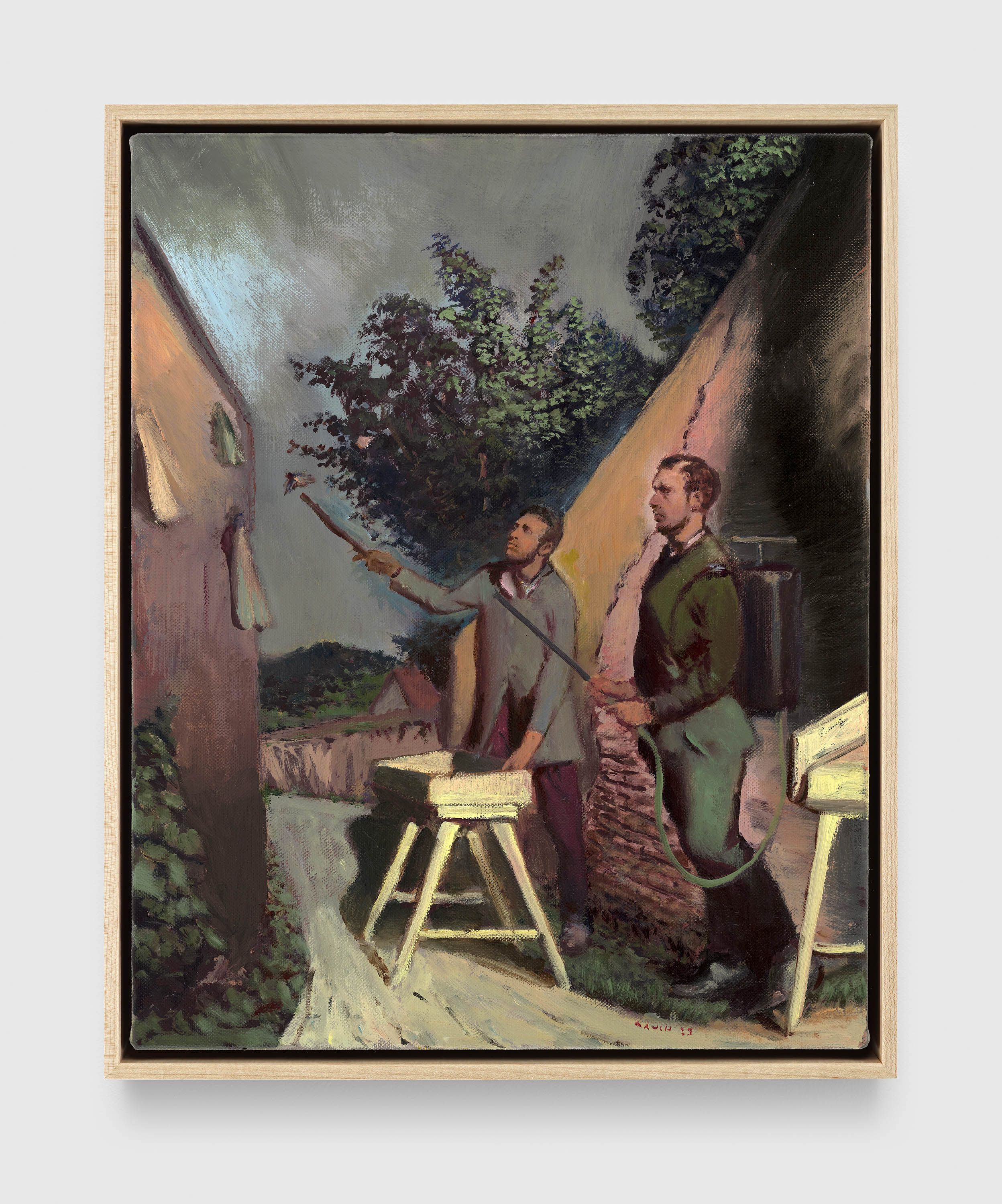 A painting by Neo Rauch, titled Entflogen, dated 2023.