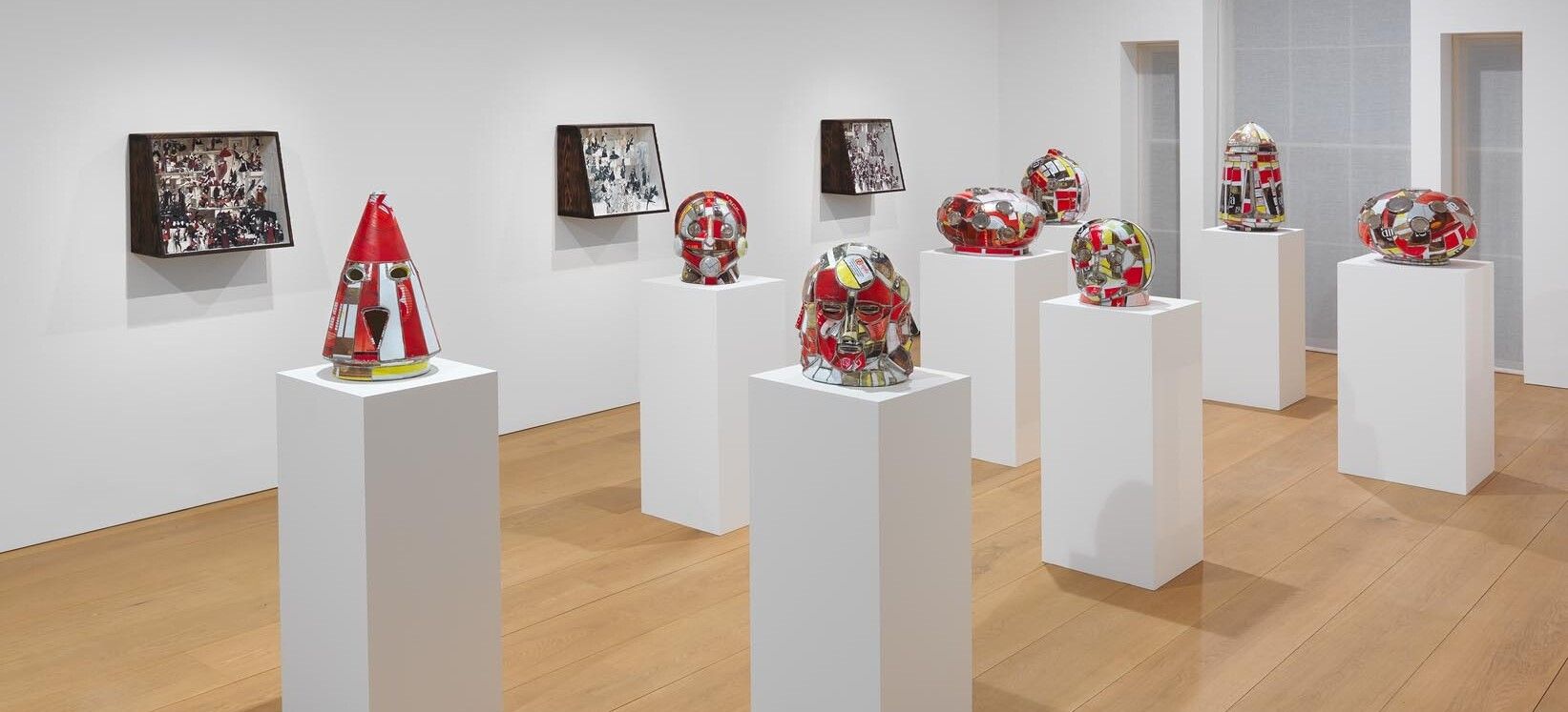 Installation view of the exhibition Marcel Dzama: Puppets, Pawns, and Prophets, at David Zwirner in London, dated 2013.