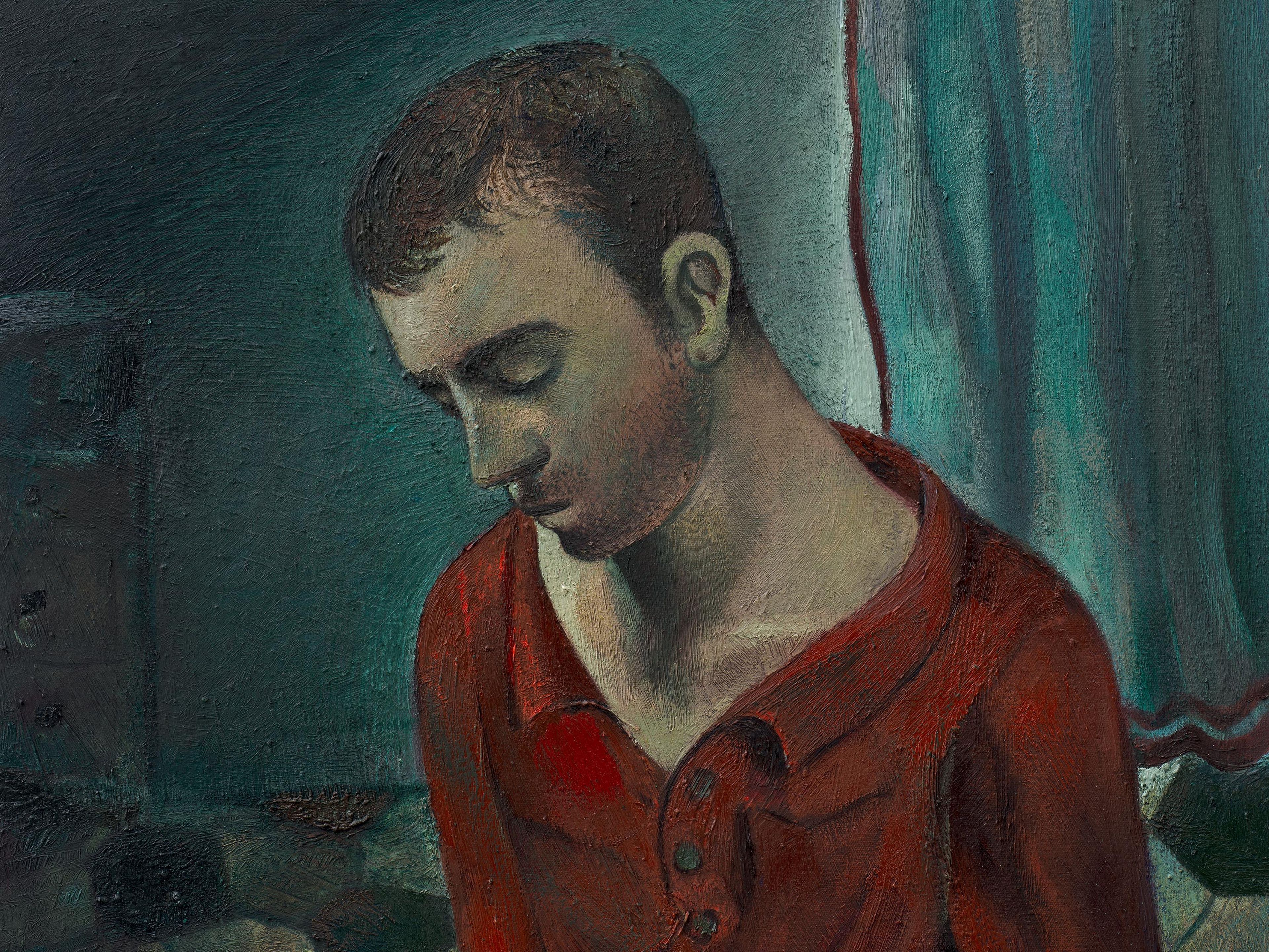 A detail from a painting by Louis Fratino titled The green bath, dated 2026