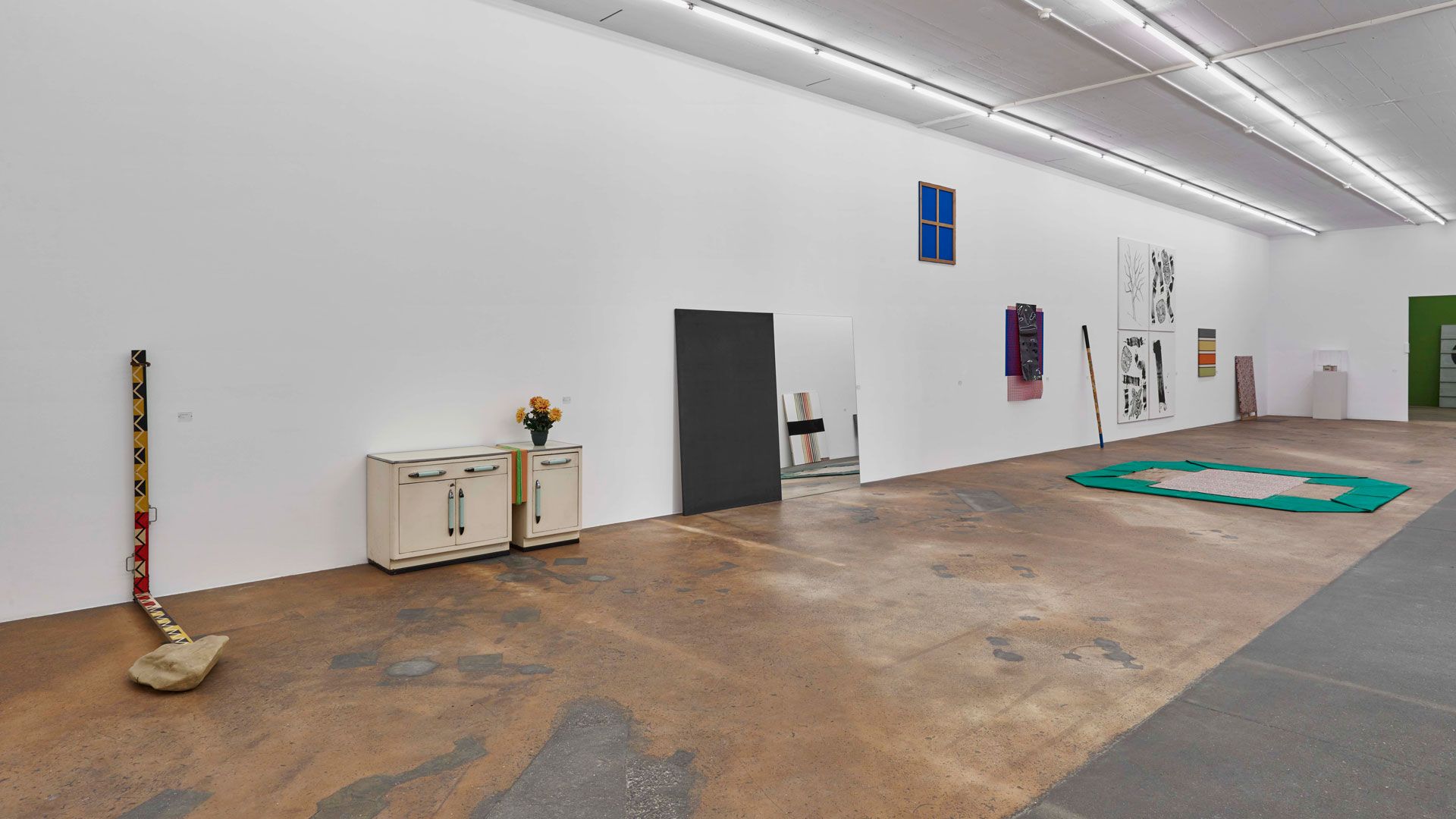 An installation view featuring works by Jean-Michel Sanejouand