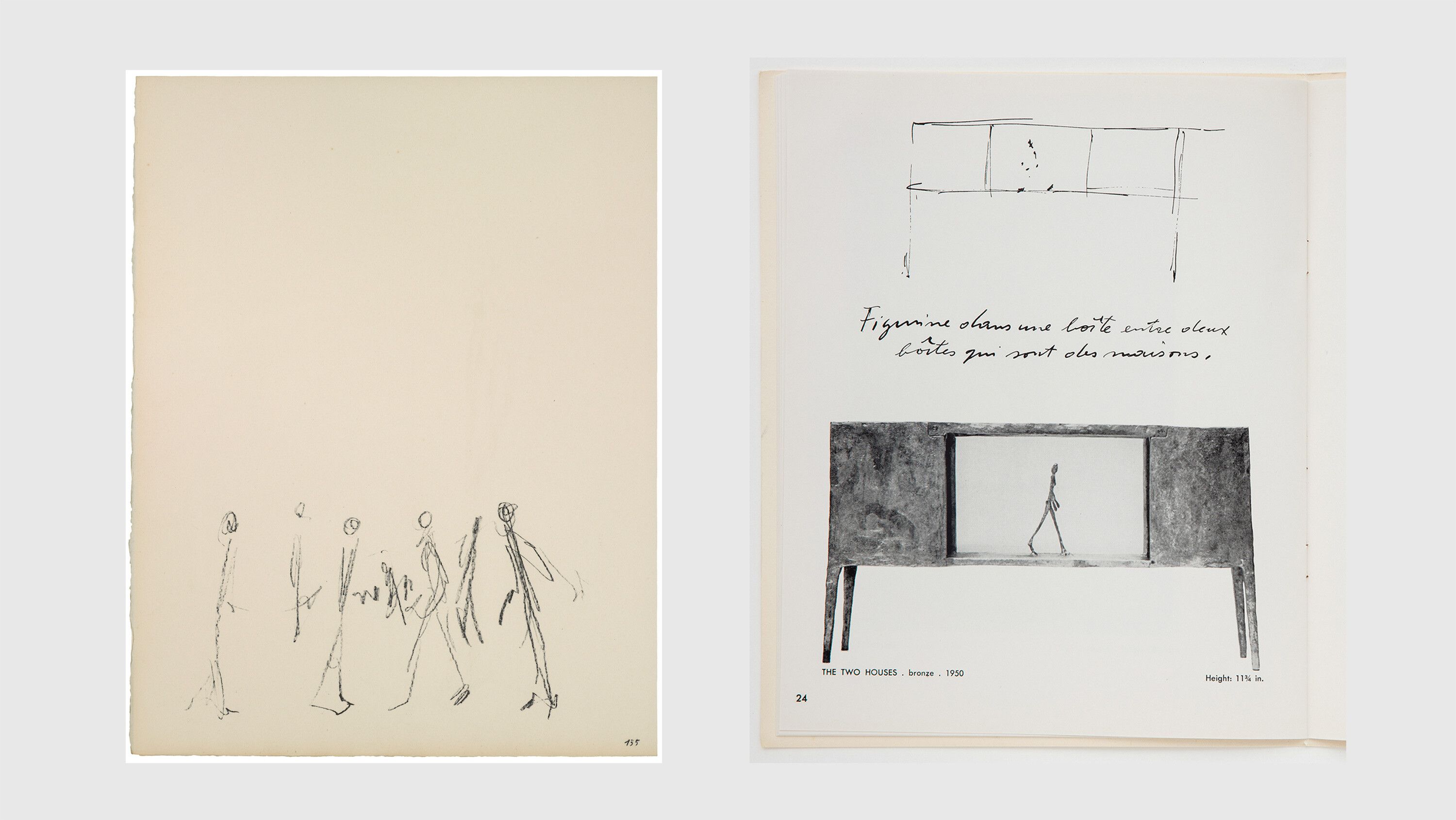 On the left is a work titled La Rue V by Alberto Giacometti, on the right is Alberto Giacometti exhibition catalog page, Pierre Matisse Gallery, New York, dated 1950