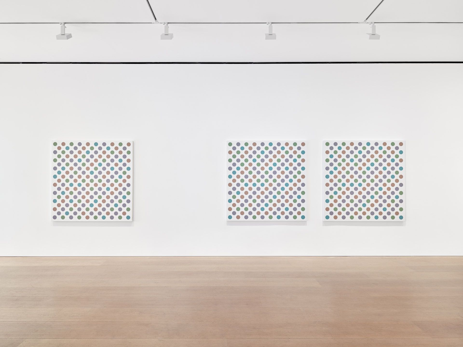 An installation view of the exhibition Bridget Riley: Past into Present at David Zwirner in London, dated 2021.