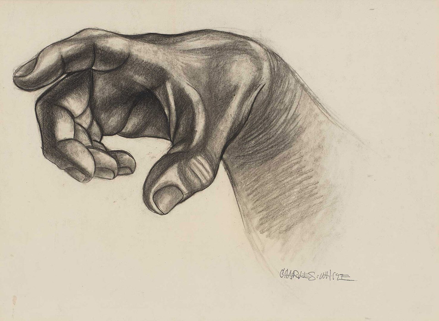 A drawing on paper by Charles White, titled Hand (Study for Hampton Mural), dated 1943.