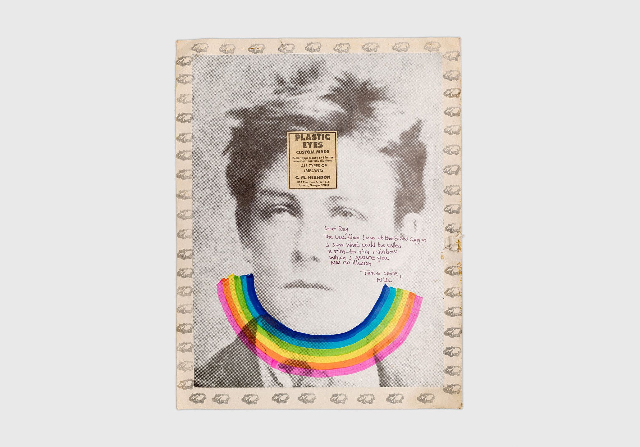 Mixed media mail art on paper, titled Untitled (Rimbaud), circa 1971.