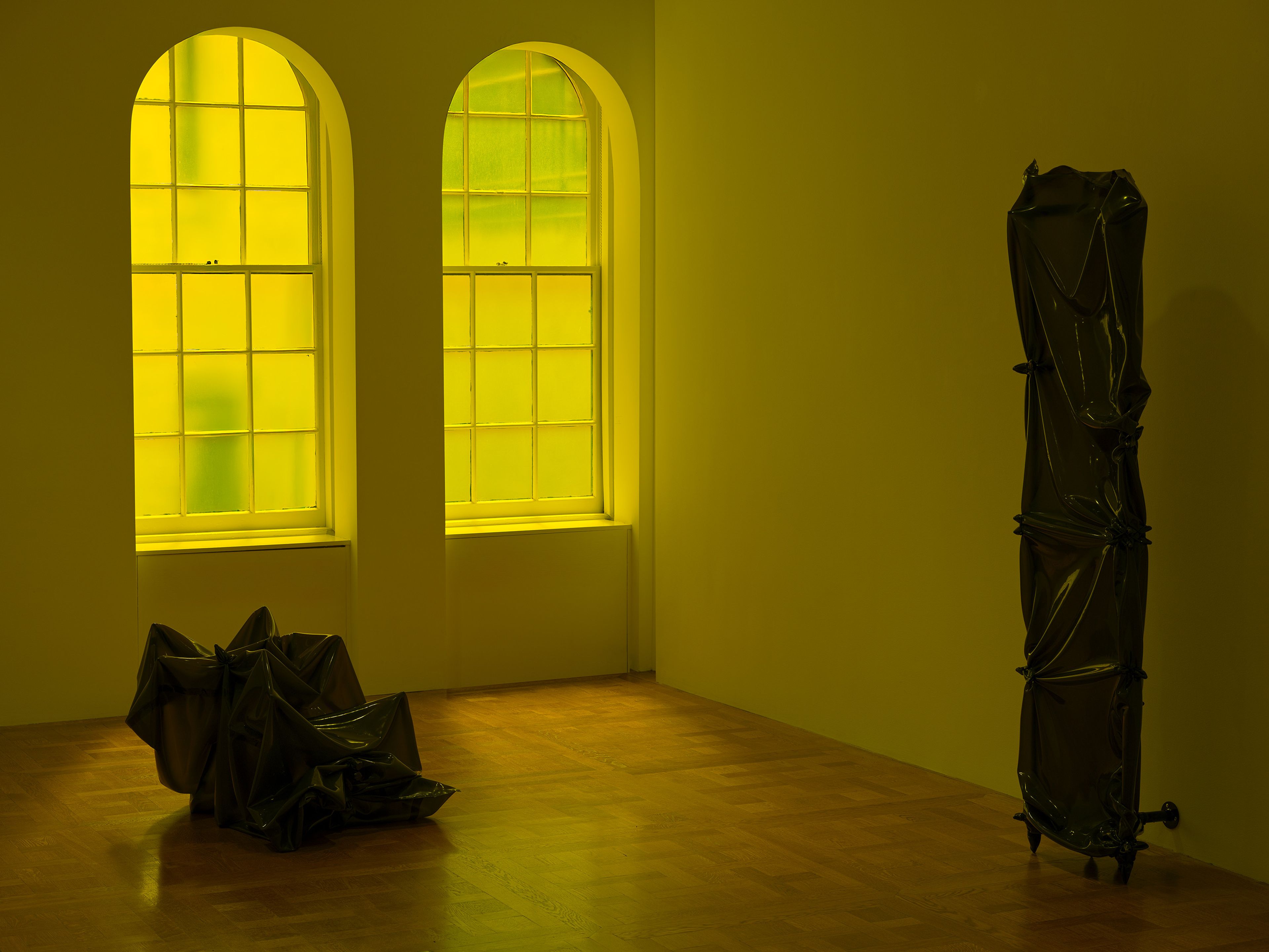 An installation view of the exhibition, P. Staff: Possessive, at David Zwirner in New York, dated 2025.