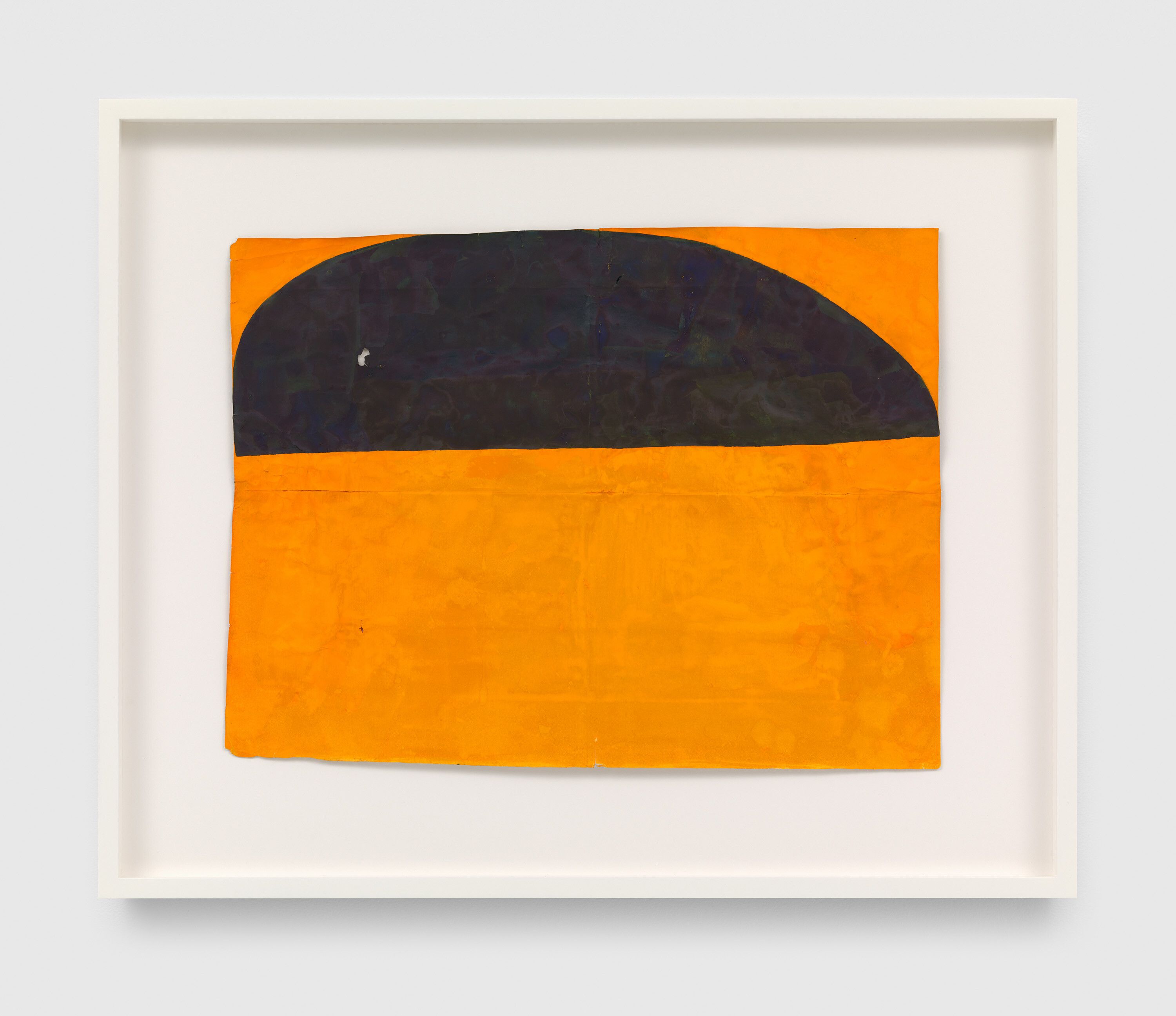 A work on paper by Suzan Frecon, titled indigo over orange, broken paper, dated 2022.