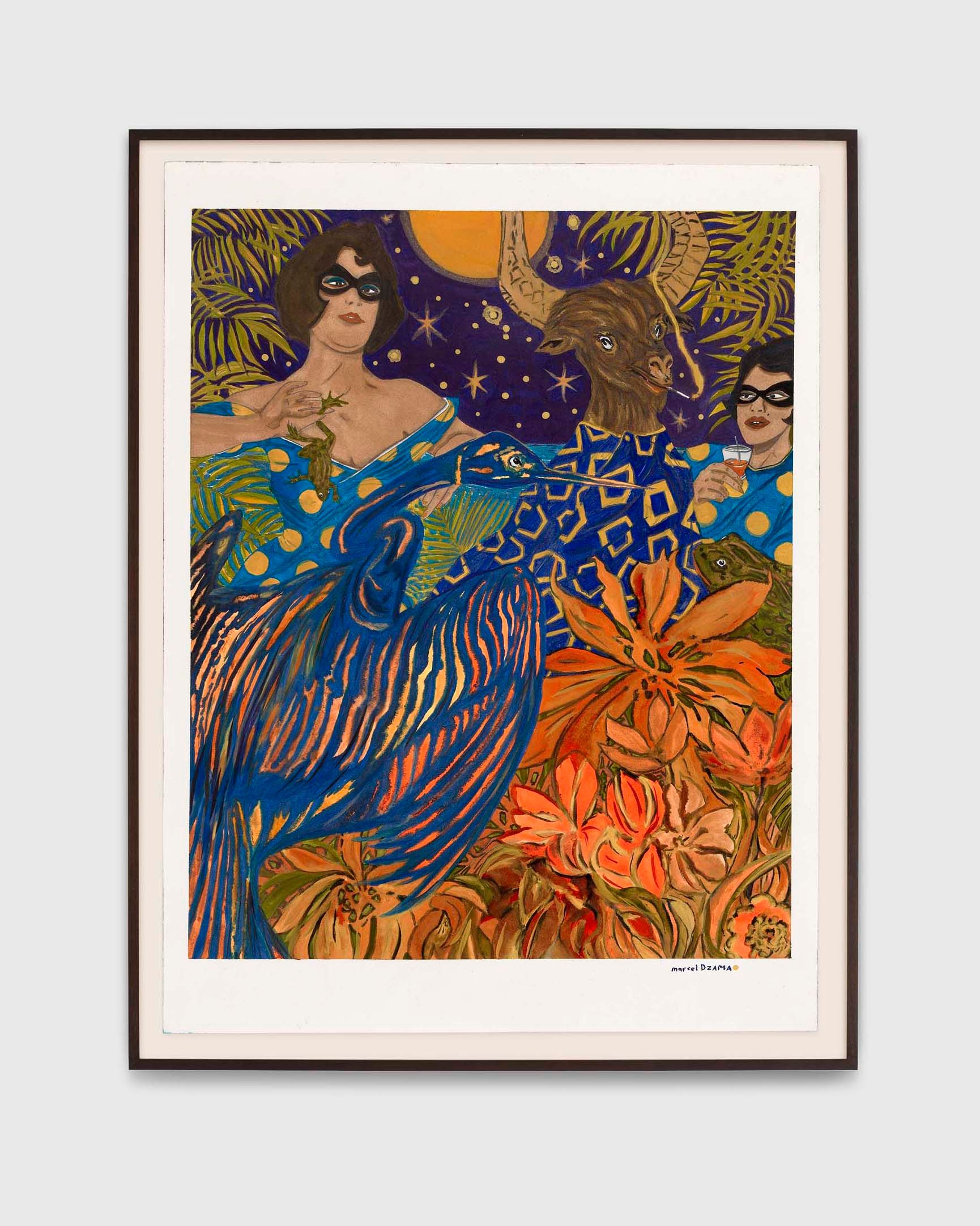 A work on paper by Marcel Dzama, titled The beast and his witches with dinner, dated 2022.