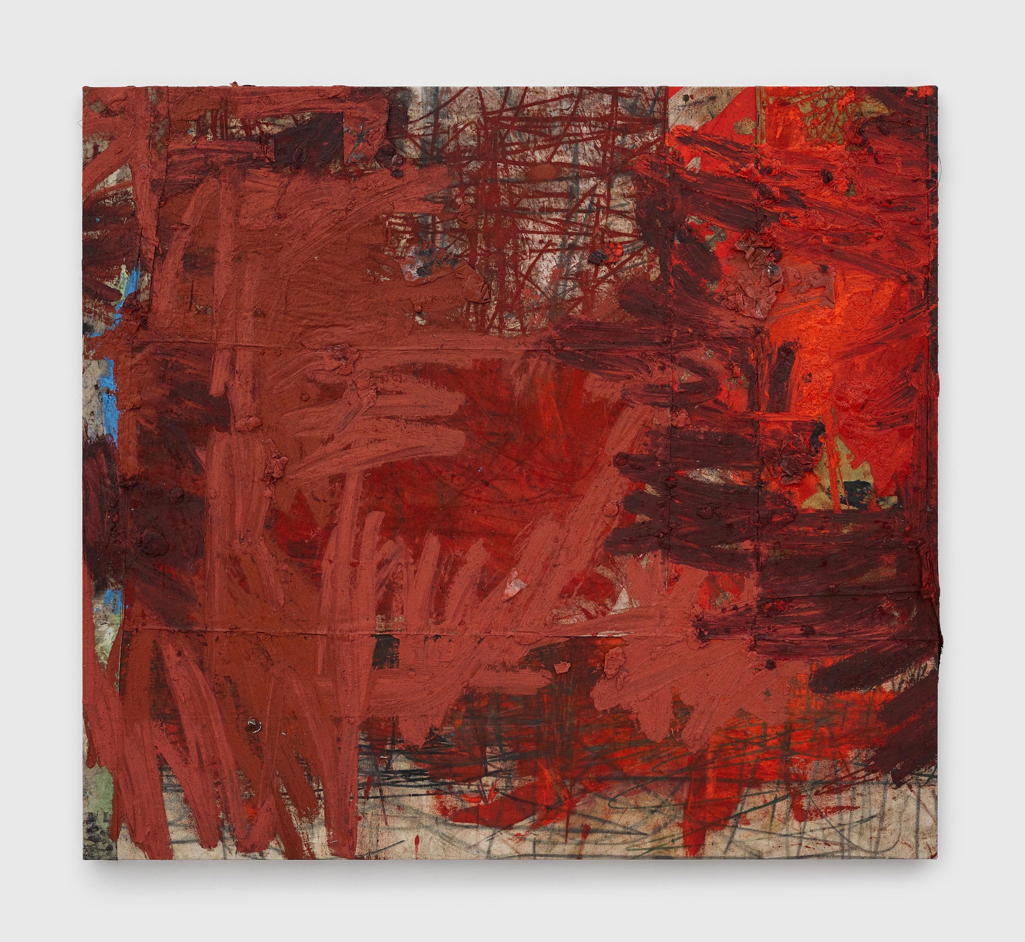 A painting by Oscar Murillo, titled manifestation, dated 2019-2020.