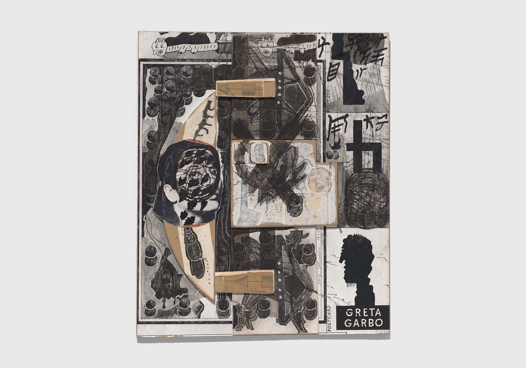 A collage on cardboard panel by Ray Johnson, titled Untitled (Greta Garbo), dated 1974, 1990, 1991, 1994.