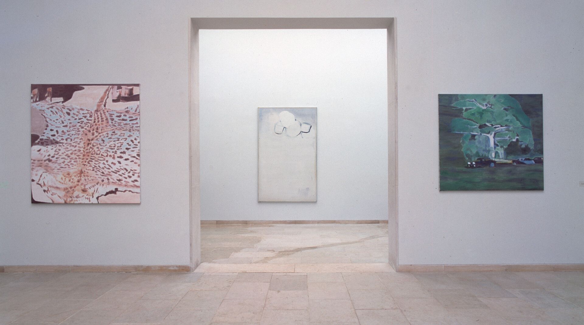 An installation view of  the Belgian Pavilion of the 2001 Venice Biennale, featuring works by Luc Tuymans.