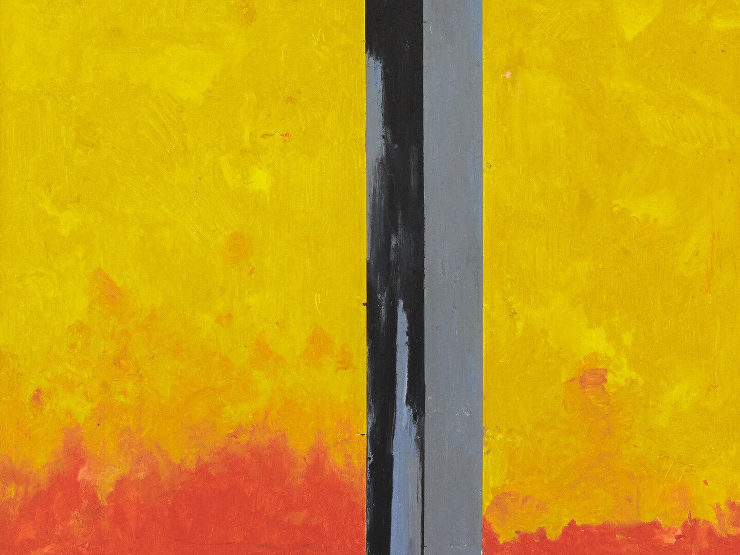 A detail view of an untitled oil stick and pencil painting on canvas in artist's frame by Harold Ancart, dated 2019.