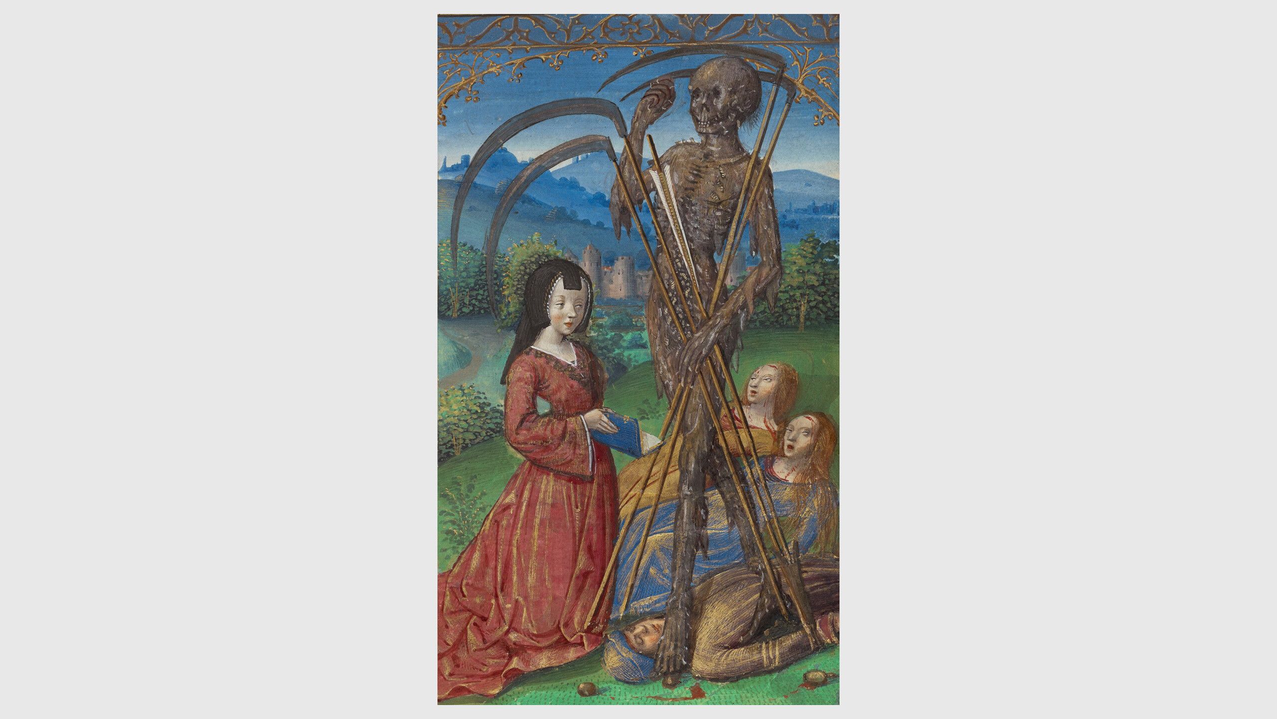 An illustration titled "Denise Poncher before a Vision of Death," circa 1500.