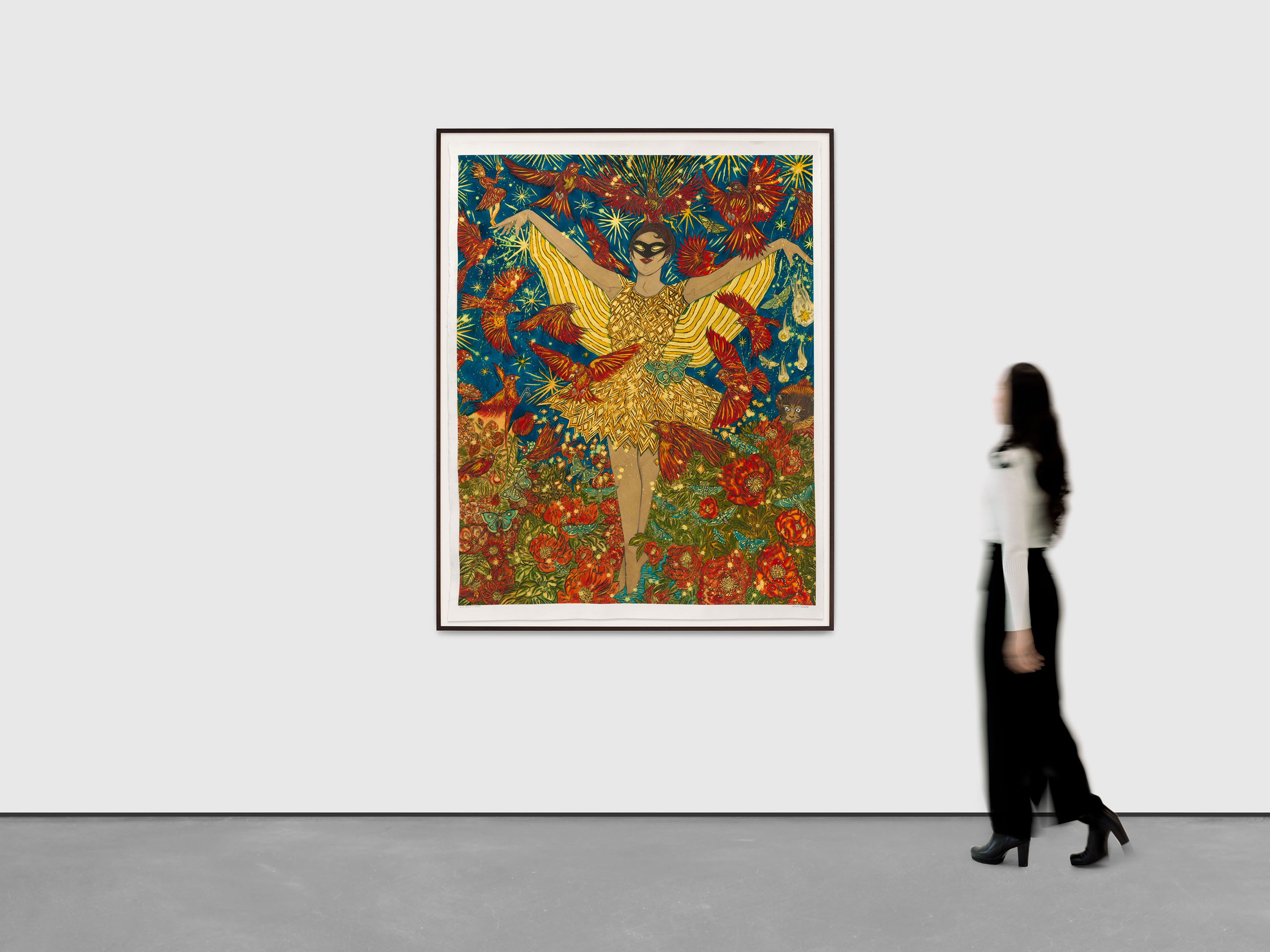A work on paper by Marcel Dzama, titled The birth of a Phoenix (or It’s easy to fly without a broken right wing), dated 2025.