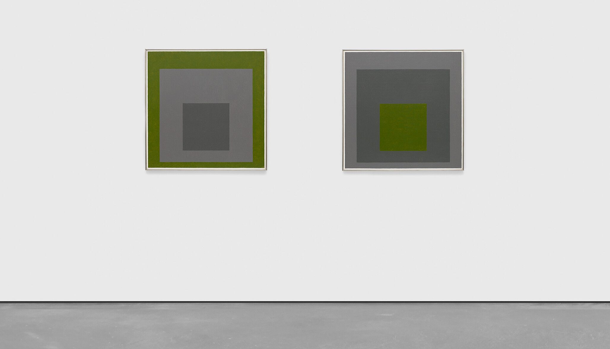 An installation shot of works that will be included in the Catalogue Raisonné of the Paintings of Josef Albers, 1914-1976 currently being prepared by The Josef and Anni Albers Foundation, registered under #1976.1.1804. and #1976.1.808.