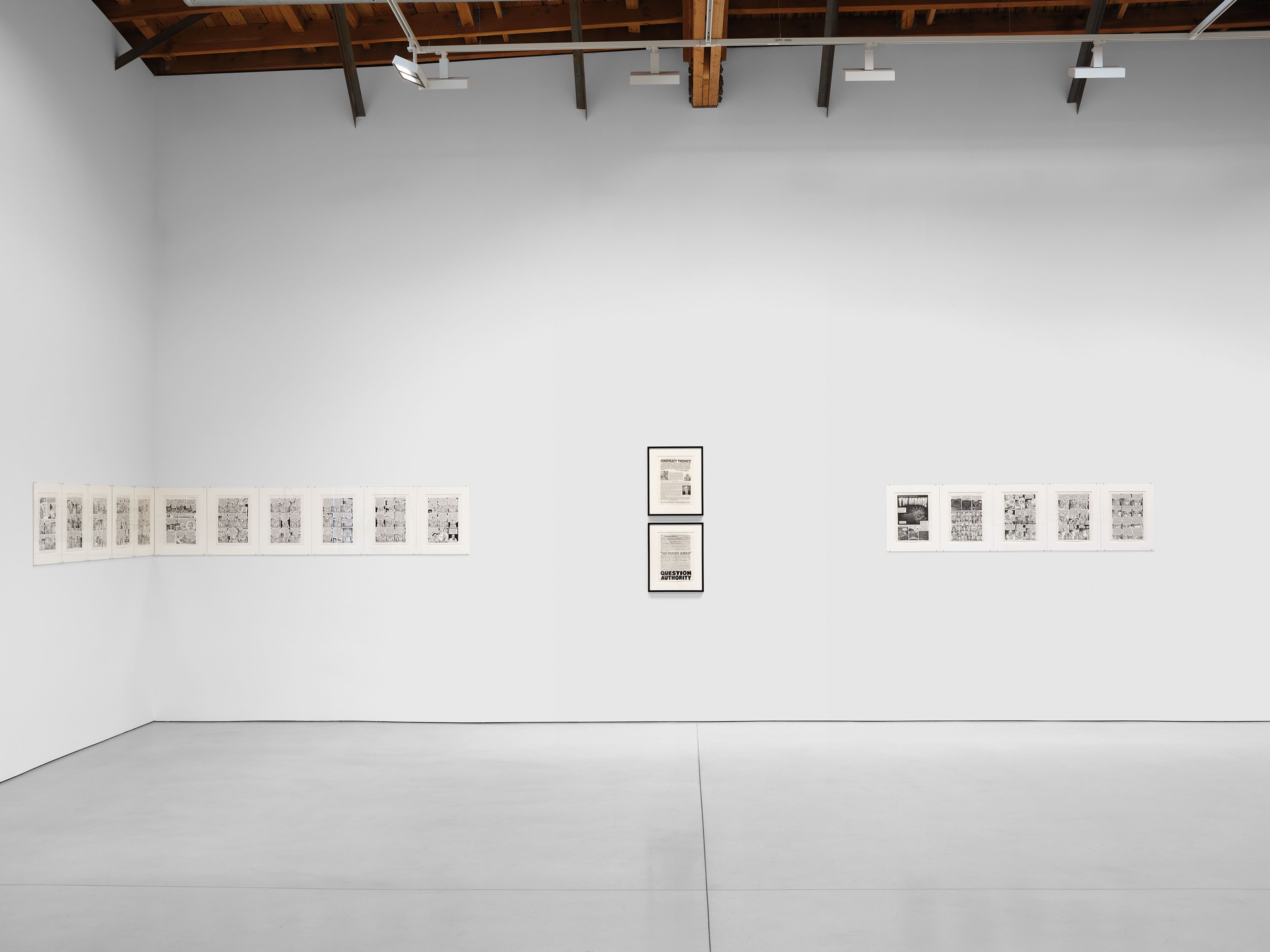 An installation view of the exhibition, R. Crumb: Tales of Paranoia, at David Zwirner in Los Angeles, dated 2025.