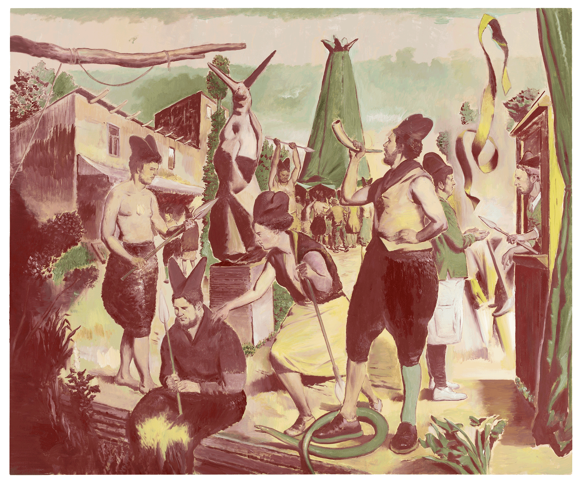A painting by Neo Rauch, titled Das Horn, dated 2014.