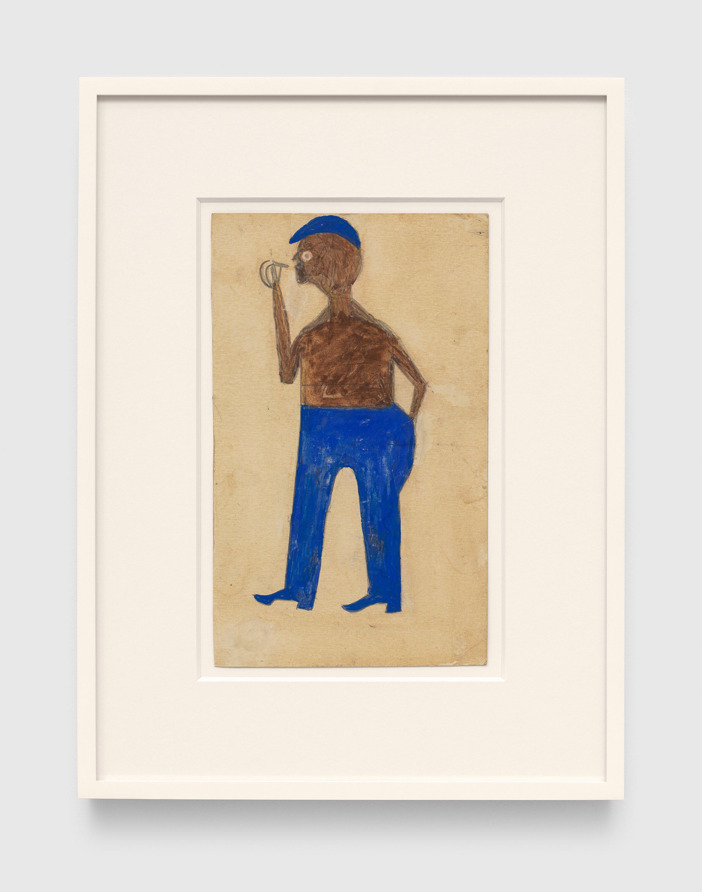 A drawing by Bill Traylor, titled Man with Blue Cap and Cigarette, 1939 to 1942.