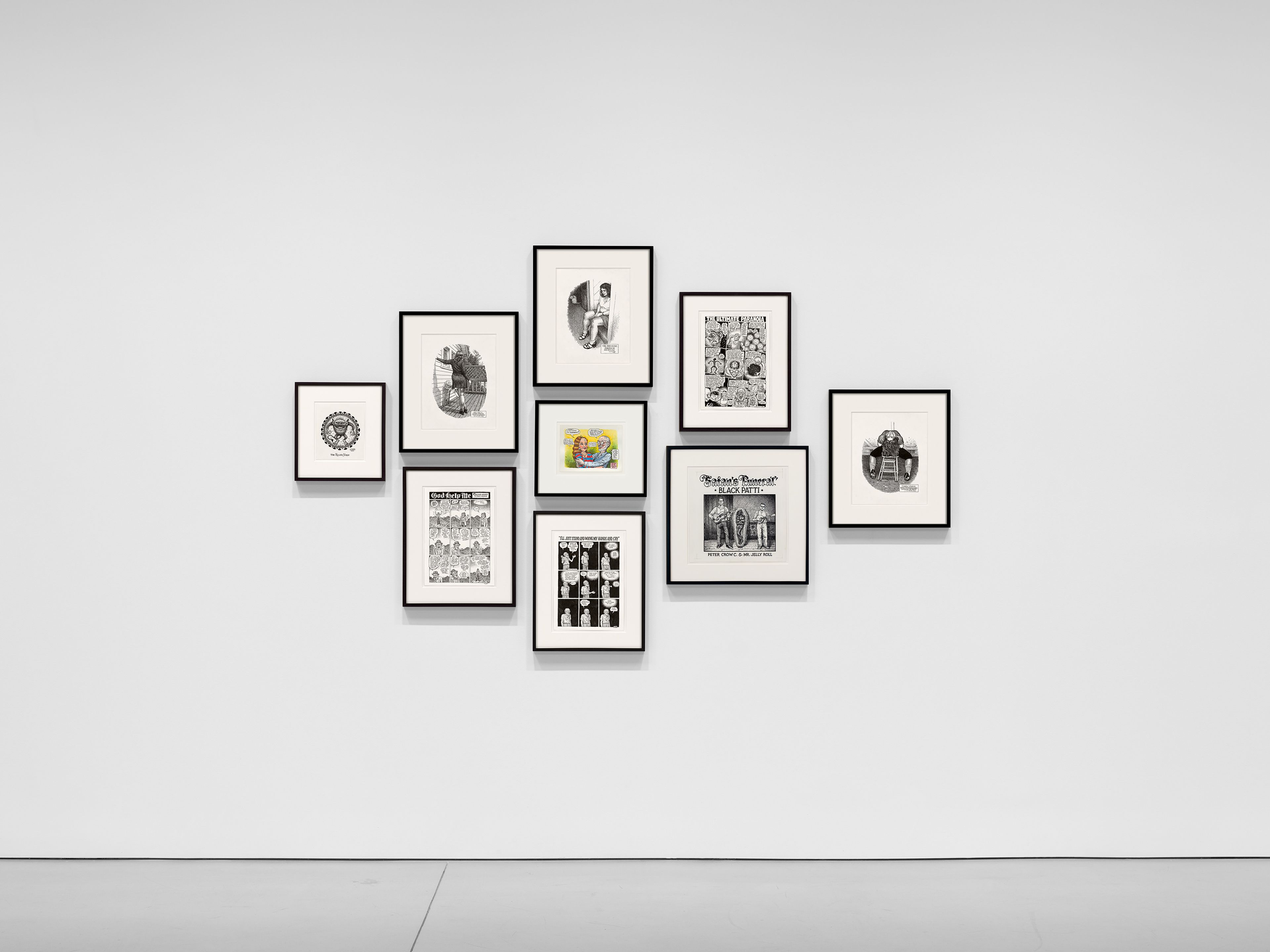 An installation view of the exhibition, R. Crumb: Tales of Paranoia, at David Zwirner in Los Angeles, dated 2025.