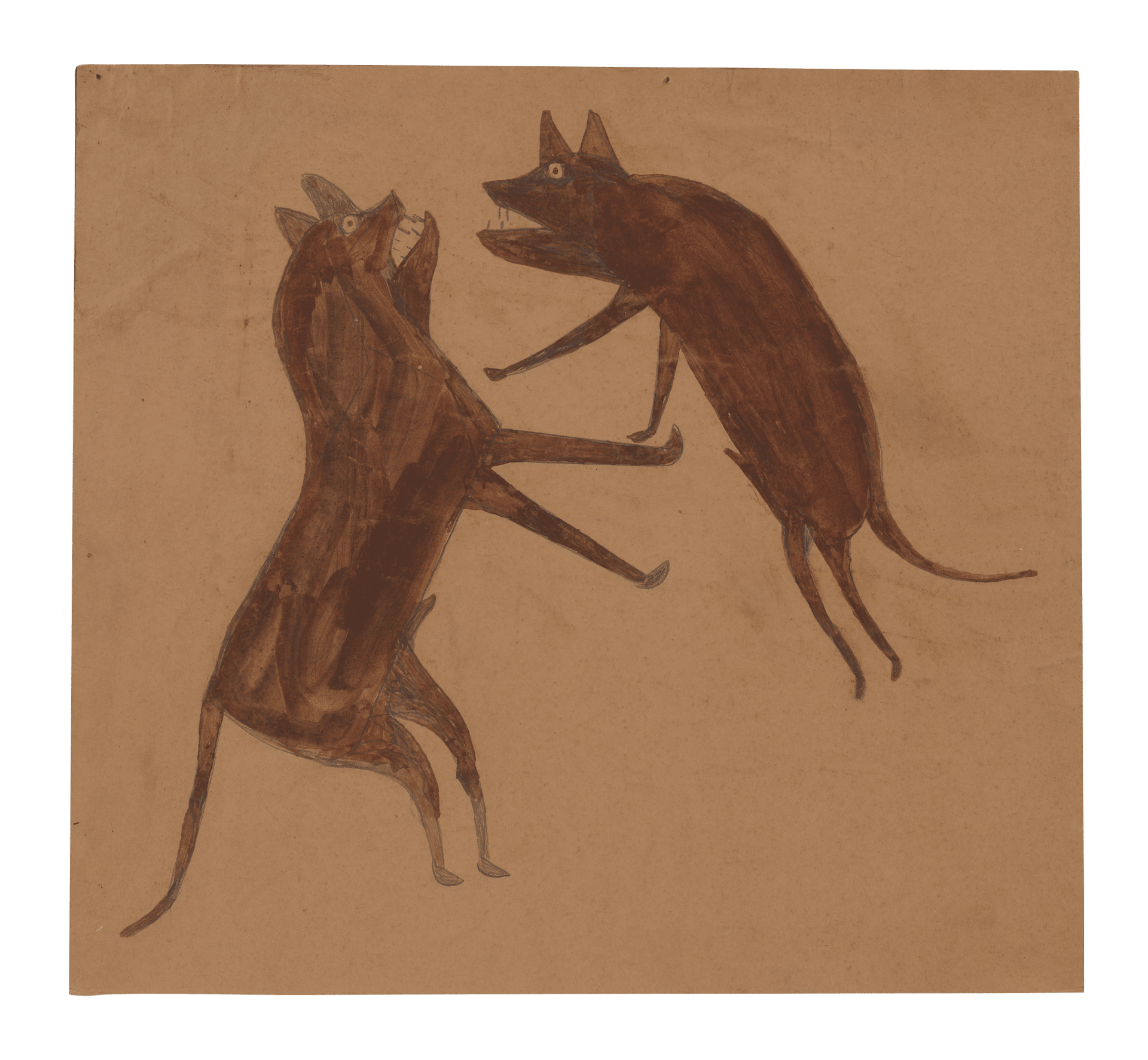 A mixed media work on cardboard by Bill Traylor, titled Two Fighting Dogs, 1939 to 1942.