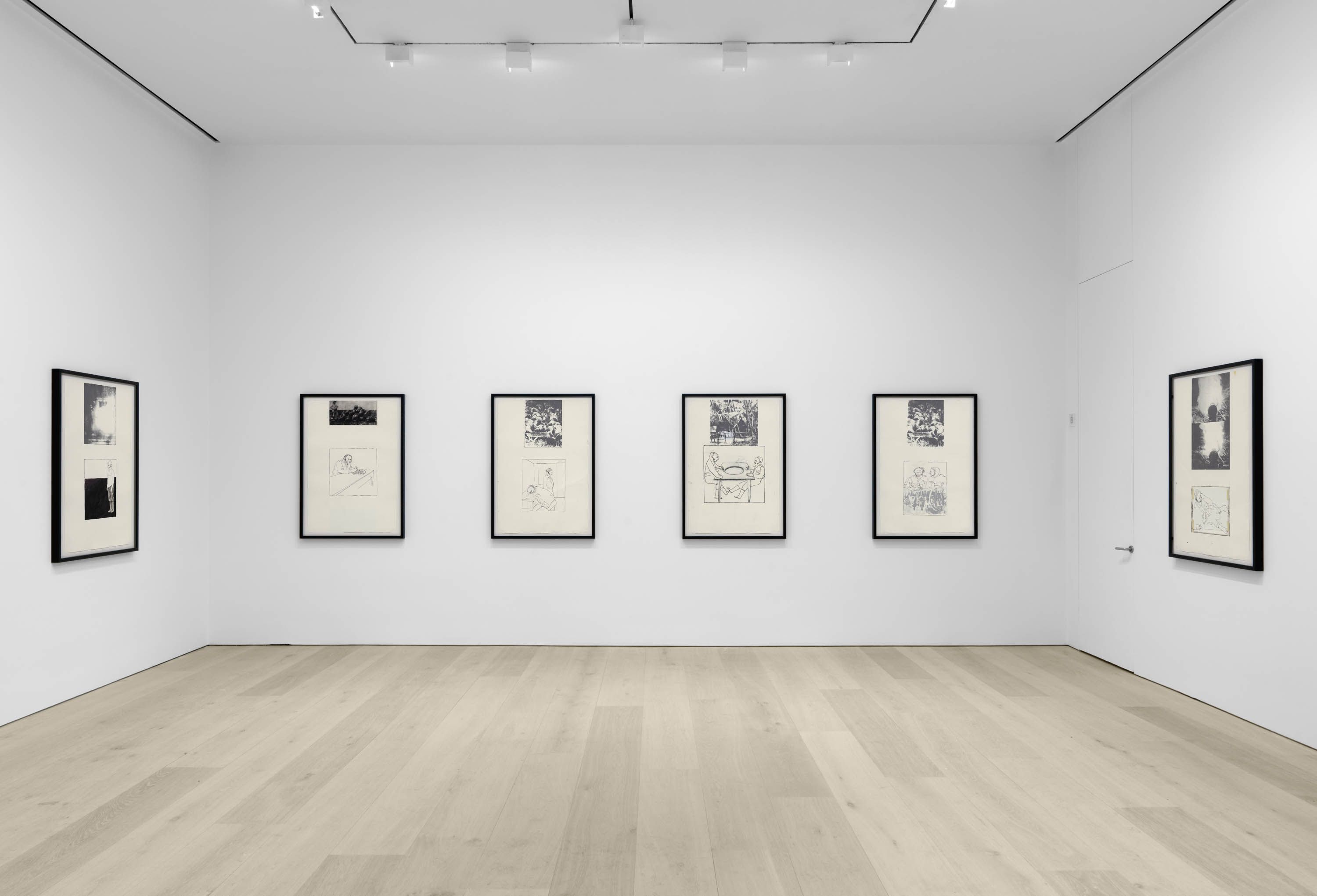 An installation of thirteen mixed media drawings by Juan Muñoz, titled An Outpost of Progress, dated 1992.