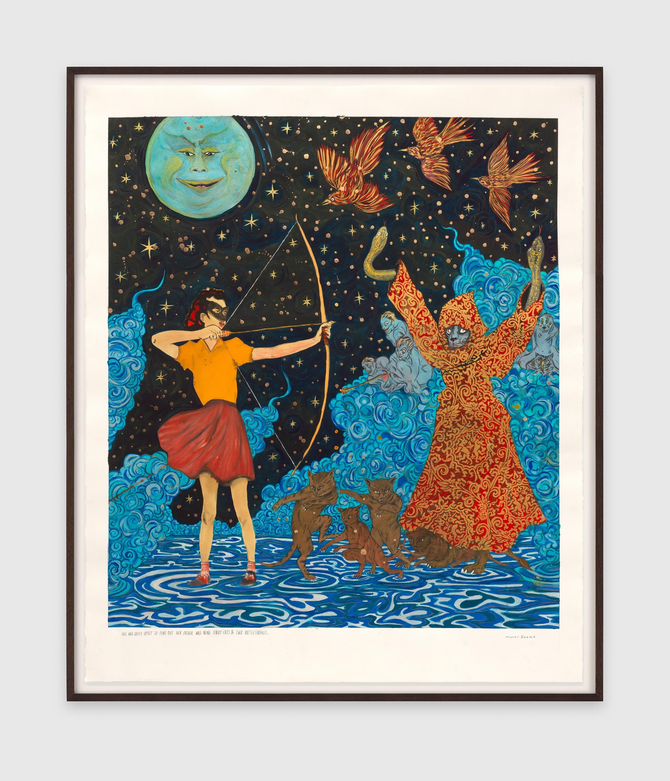 A work on paper by Marcel Dzama, titled She was quite upset to find out her father was nine stray cats two rattlesnakes, dated 2023.