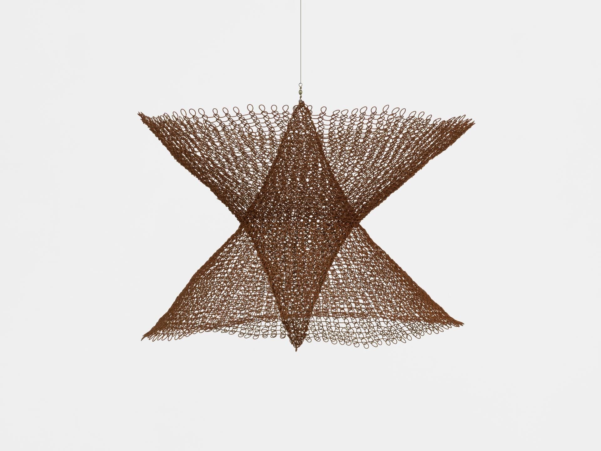 A sculpture by Ruth Asawa, titled Untitled (S.322, Hanging Two Interlocking Cones), dated circa 1950 to 1953.