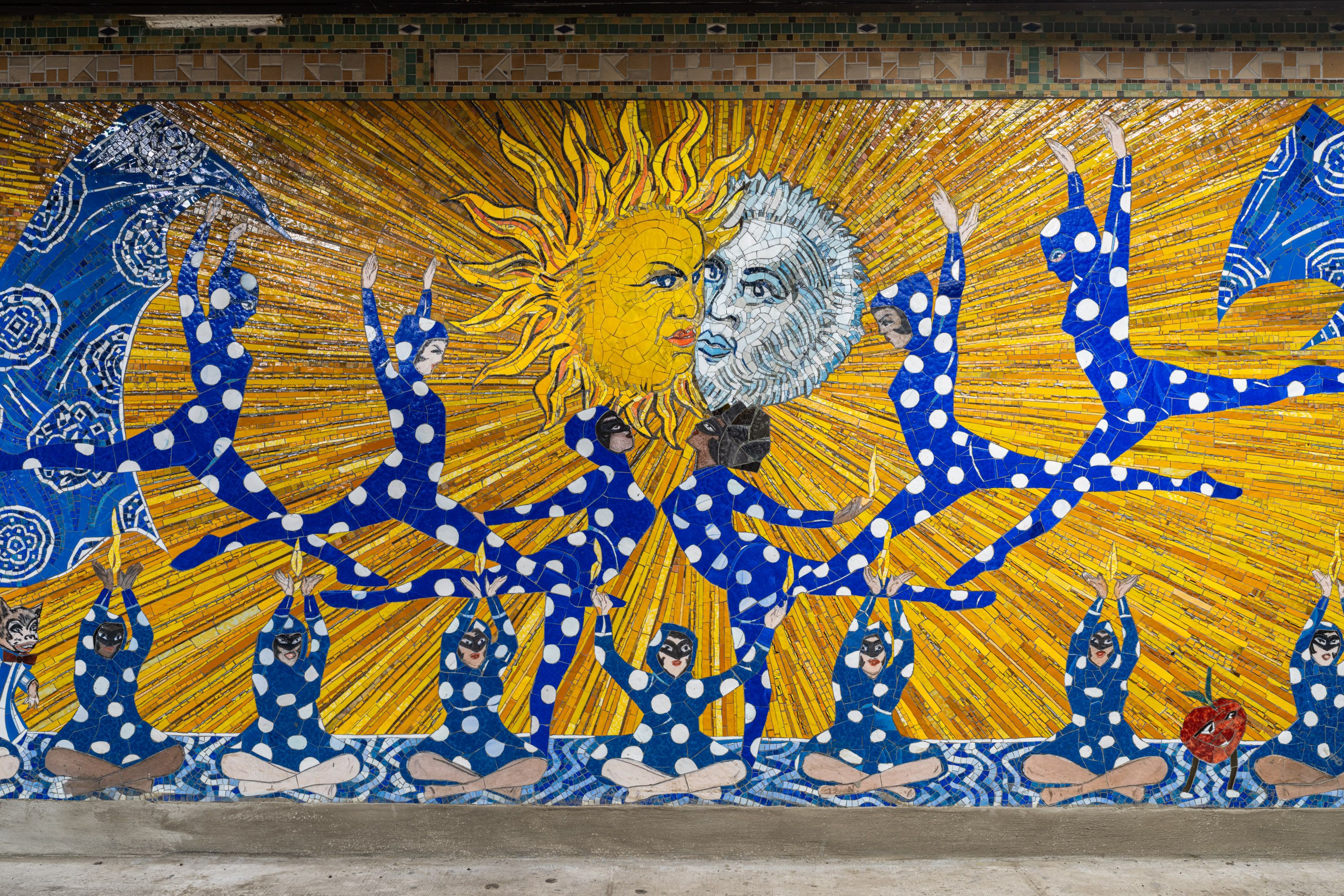 This is an installation view of a mosaic commissioned by the MTA called No Less Than Everything Comes Together, Marcel Dzama, 2021.