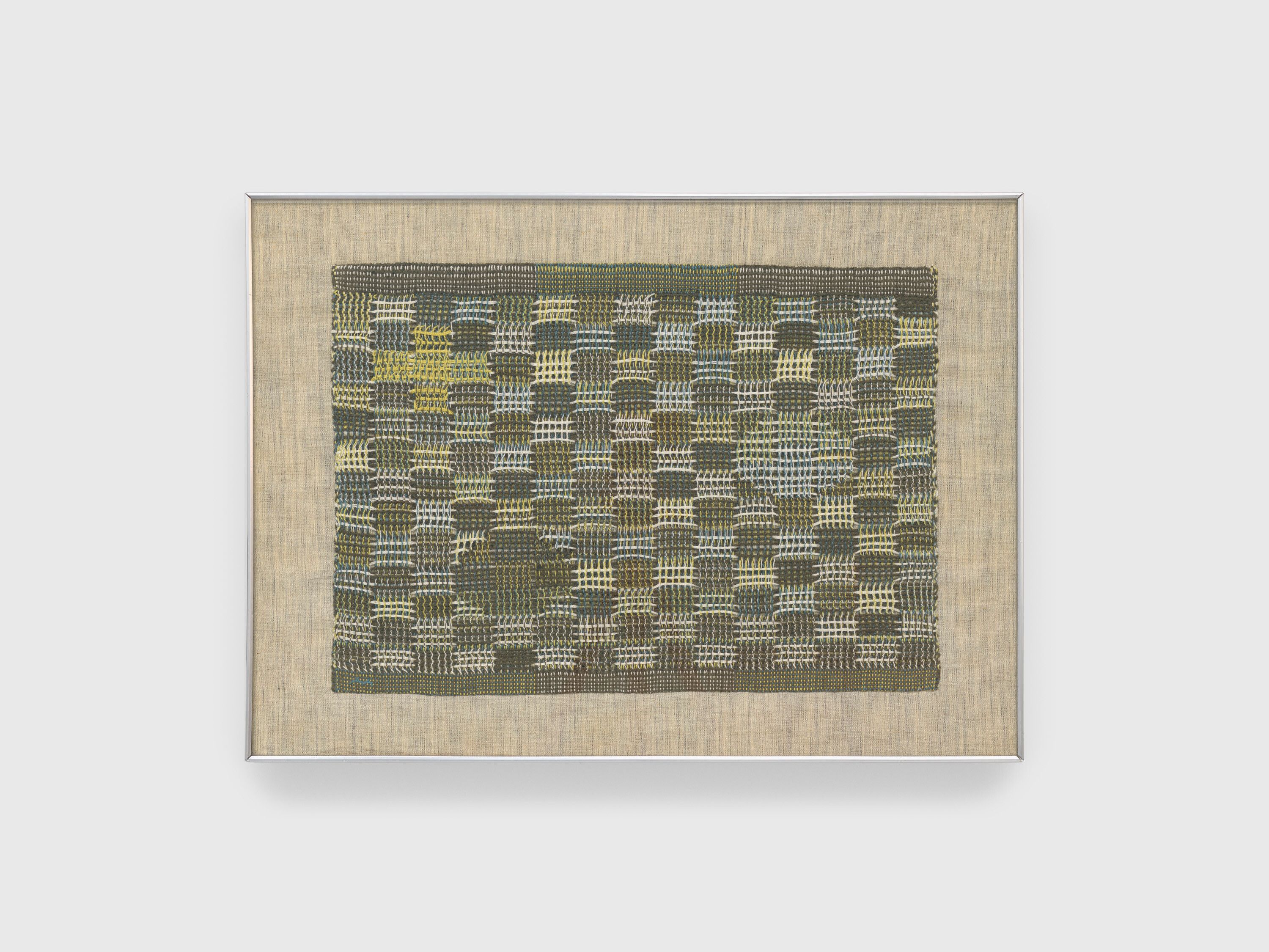 A wool weaving by Anni Albers, titled In Orbit, dated 1957.