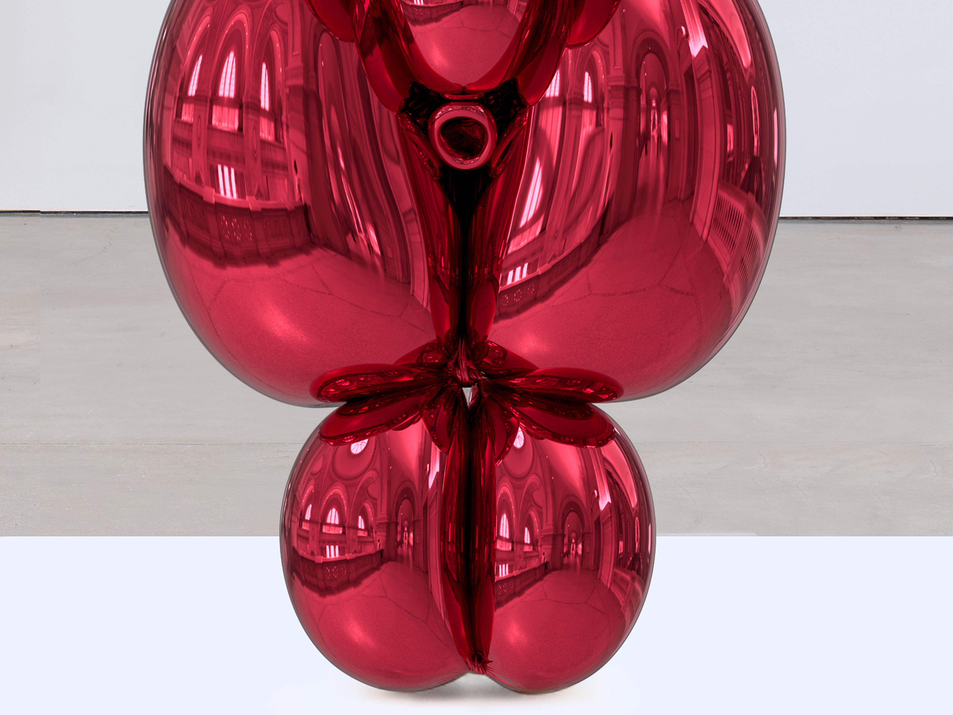 A sculpture by Jeff Koons, titled Balloon Venus Lespugue (Red), dated 2013 to 2019.