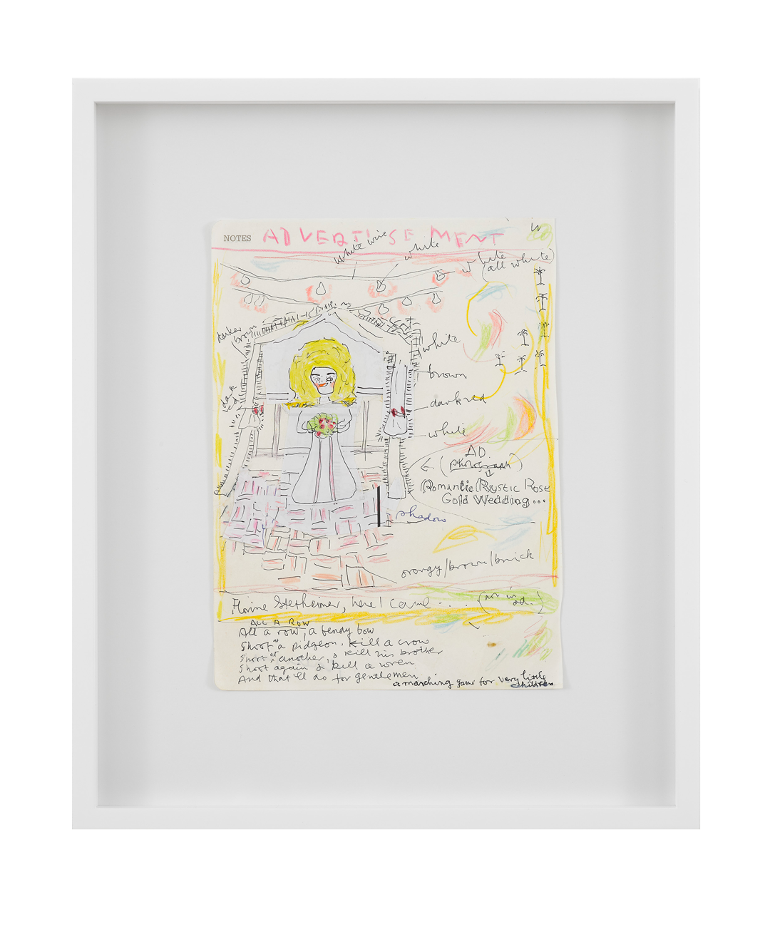 A work on paper by Rose Wylie, titled NAFF Bride, advertisement, dated 2019.