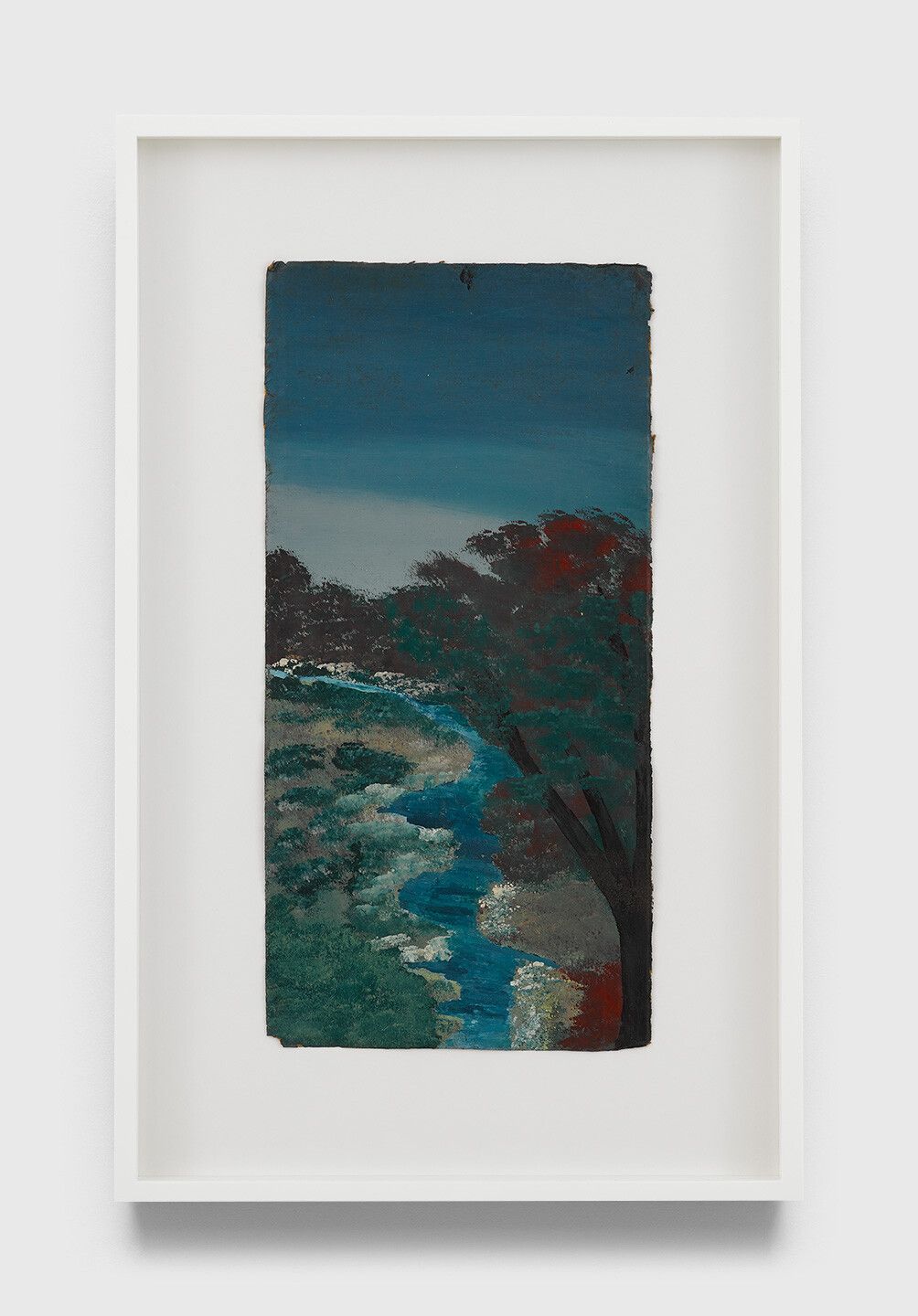 An undated oil painting on cardboard by Frank Walter, titled Untitled (Vertical landscape with flamboyant tree and meandering river). 