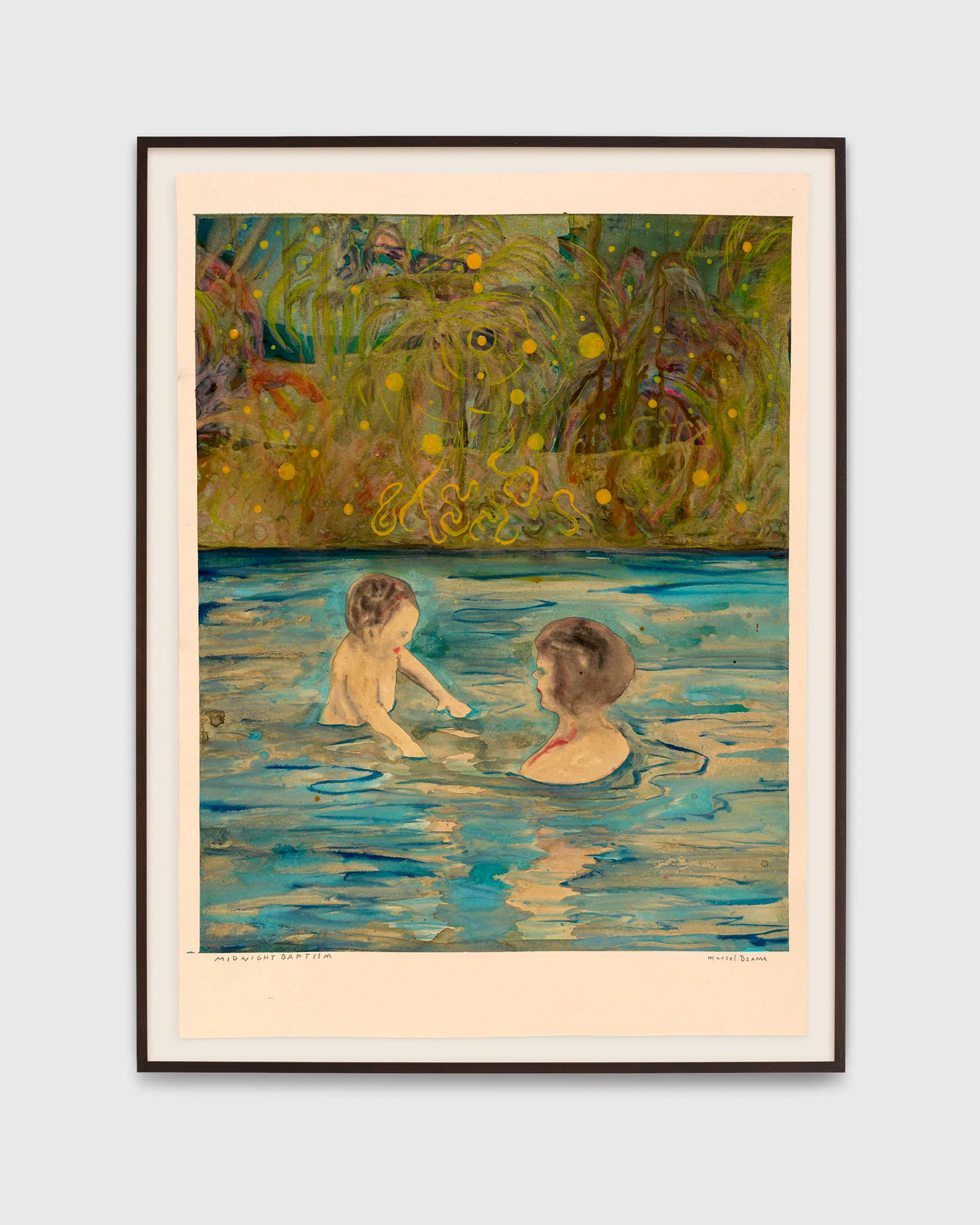 A work on paper by Marcel Dzama, titled Midnight baptism, dated 2022.