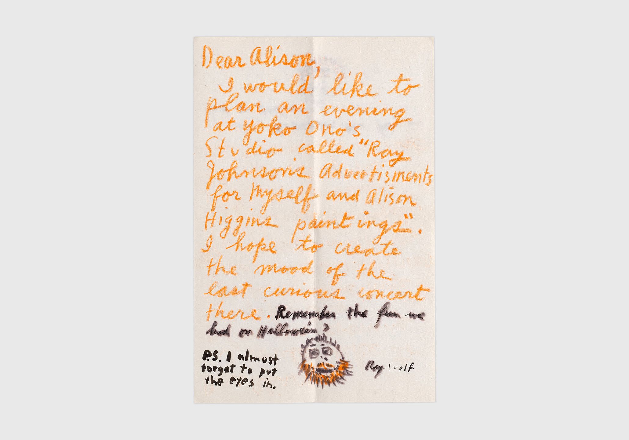 A crayon and ink drawing on paper by Ray Johnson, titled Dear Alison…, dated 1961.