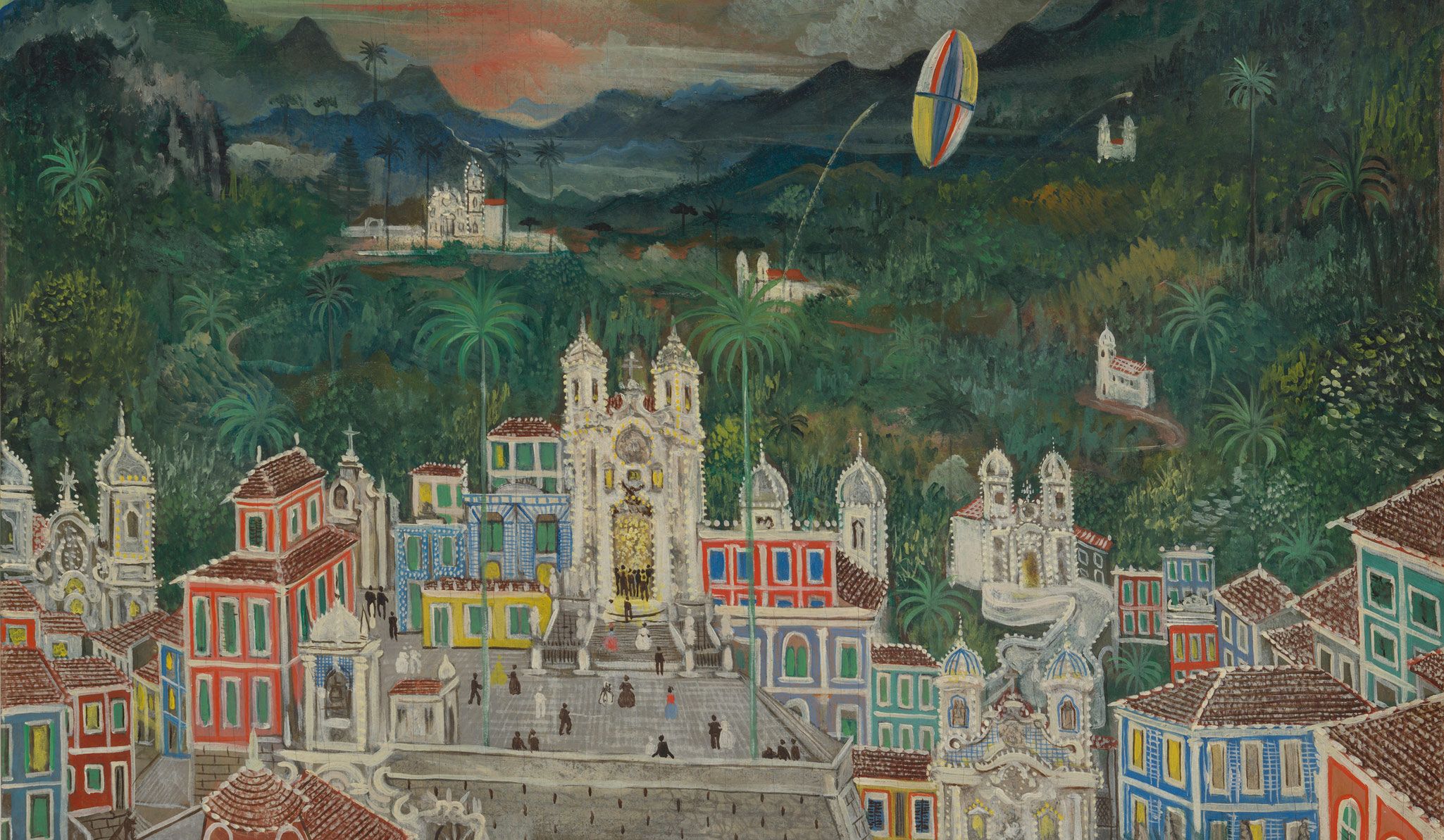 An oil on plywood painting by Alberto da Veiga Guignard, titled Ouro Preto: St. John's Eve, dated 1942, 