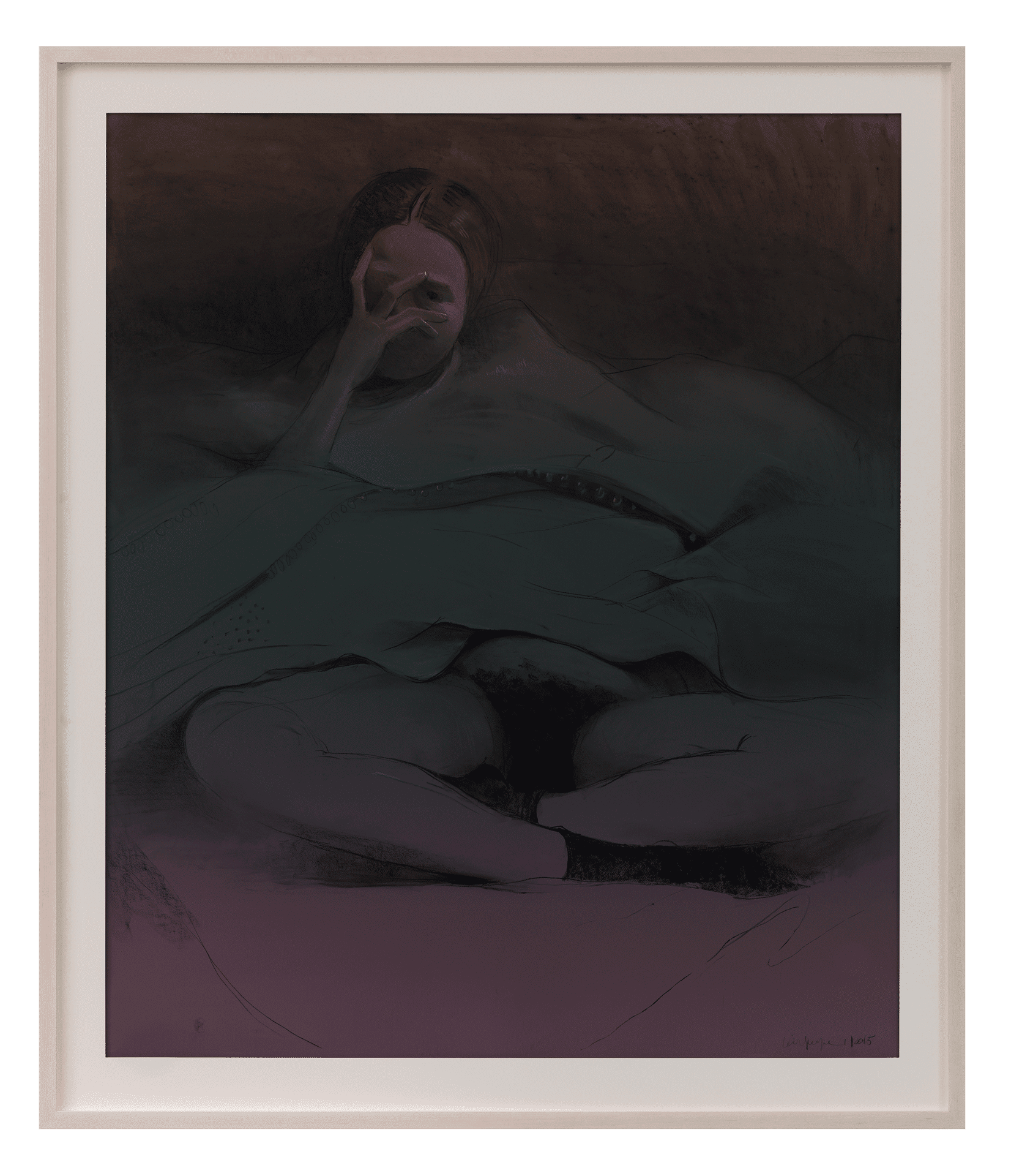 A mixed media work on paper by Lisa Yuskavage, titled Peekaboo, dated 2015.